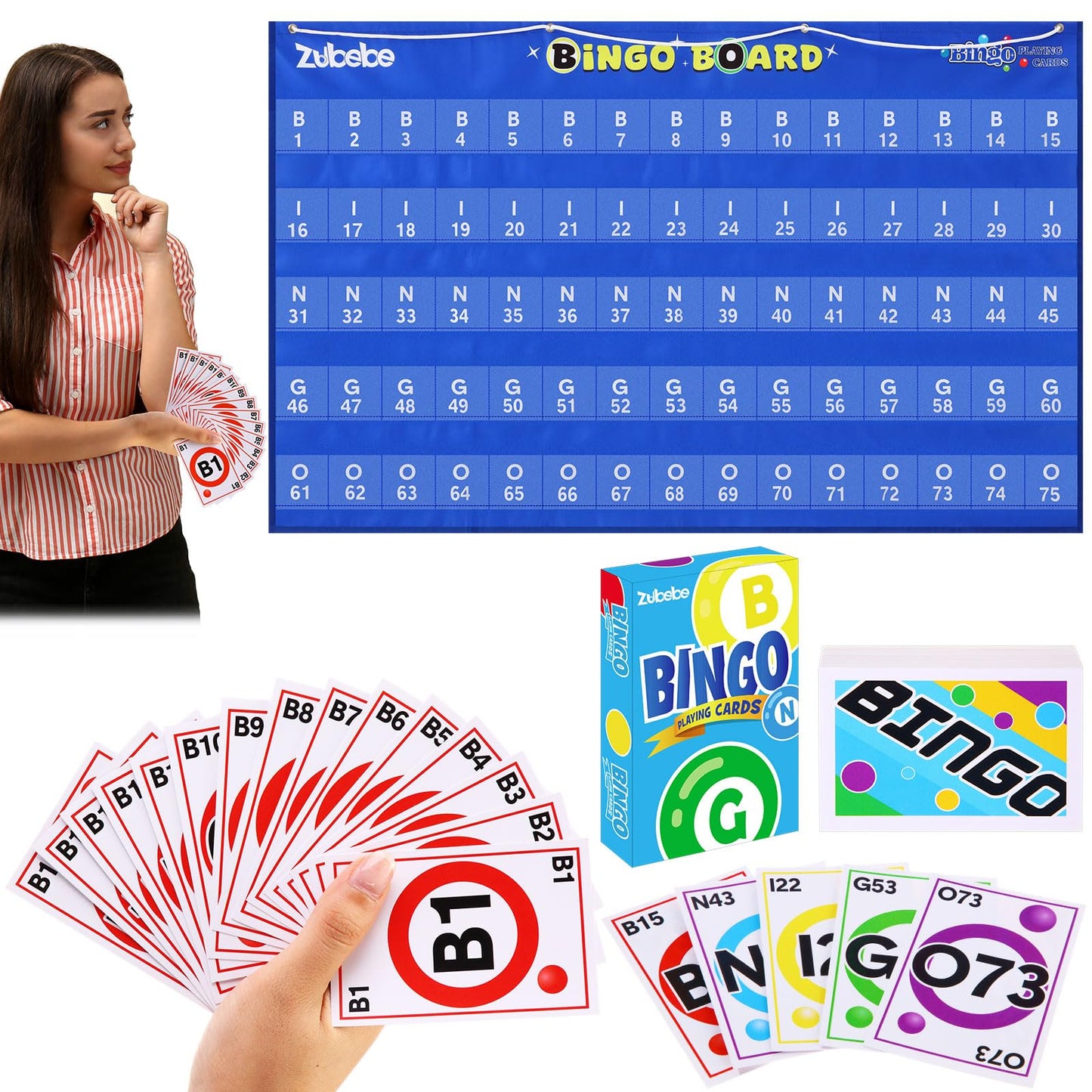Zubebe 2 Pack Manual Bingo Masterboard Pocket Chart with Bingo Calling Cards Deck Reusable 59×35 Giant Bingo Poster with 75 Pockets for Family Number Bingo for Adults Large Board Groups
