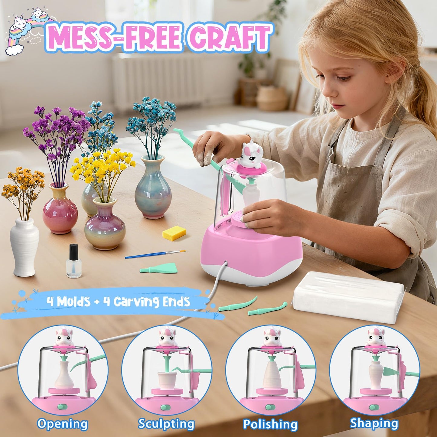 Wwzzey Mini Pottery Wheel for Kids, Pottery DIY Crafts Toy with Painting Kit Gifts for Christmas Toy for Kid Boy Girl Ages 8-12 Toys for Girl 6 7 8 9 10 11 12 Year Old- Pink