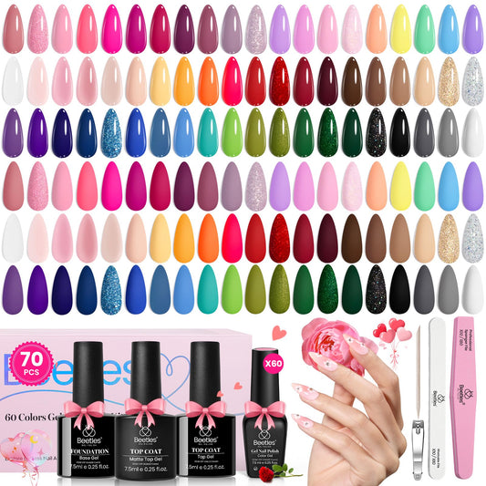 Beetles Gel Nail Polish Set, 70 PCS 60 Colors Nude Pink Jelly Pastel Neno Blue Red Green Glitter Gel Nail Polish Kit with Base Glossy Matte Top Coat Gel Manicure Spring Valentines Gifts for Women