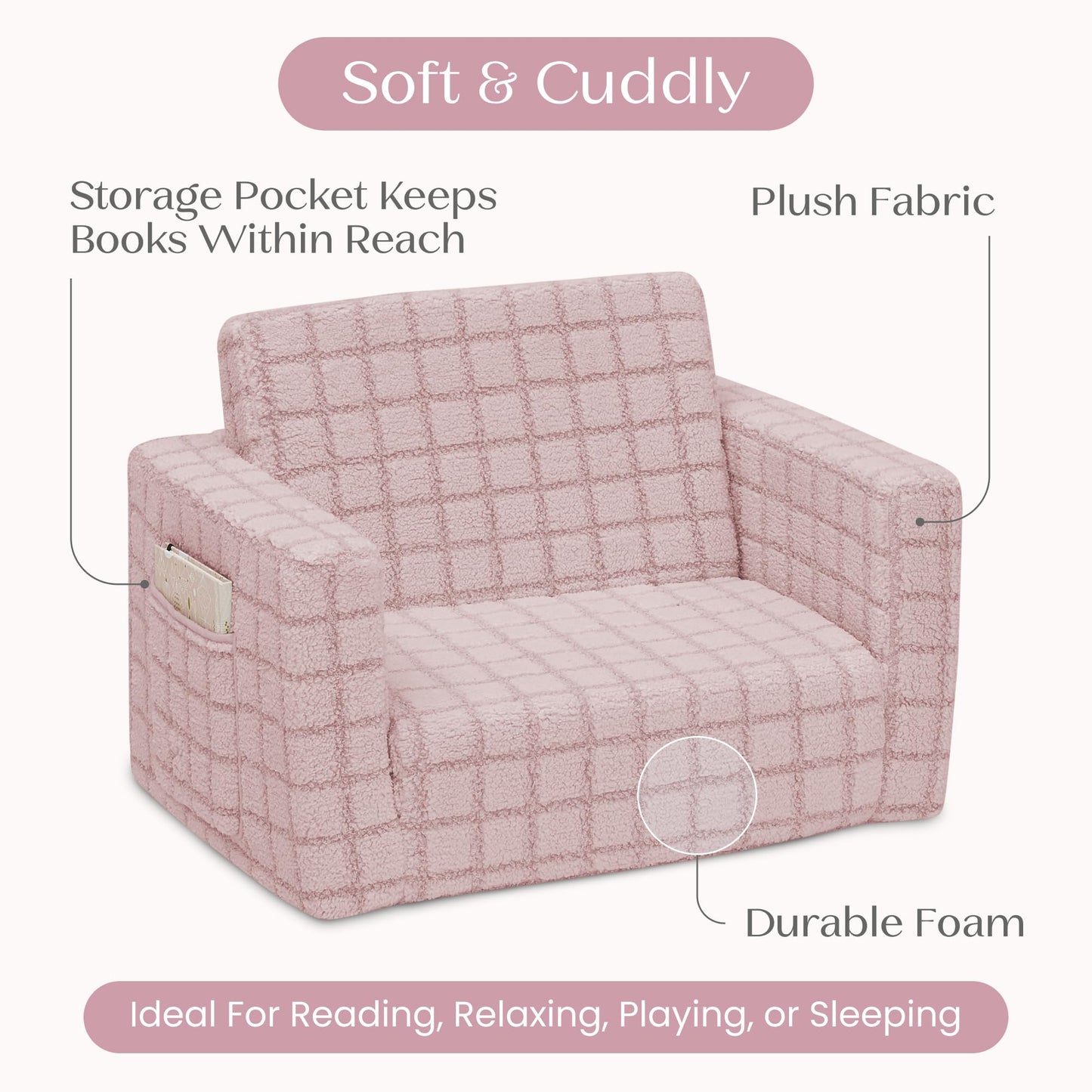 Delta Children Checkered Cozee Flip-Out Kids Chair, Snuggly Sherpa-Like Foam Convertible Armchair for Boys and Girls, Machine Washable Cover, Soft Comfy Toddler Seating for Playroom/Bedroom, Pink