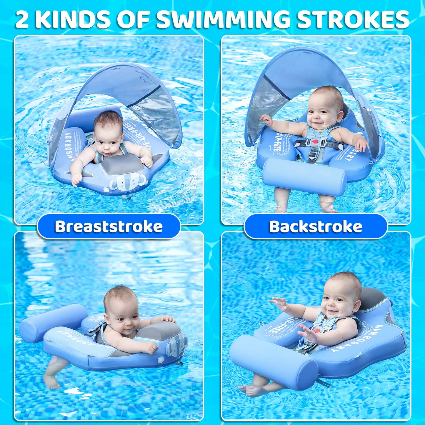 Mambobaby Baby Swim Float with Canopy & Tail Infant Pool Float Non-Inflatable Toddler Swim Float with Skin-Friendly Material for 3-24 Months Baby Boys Grils Elephant Blue