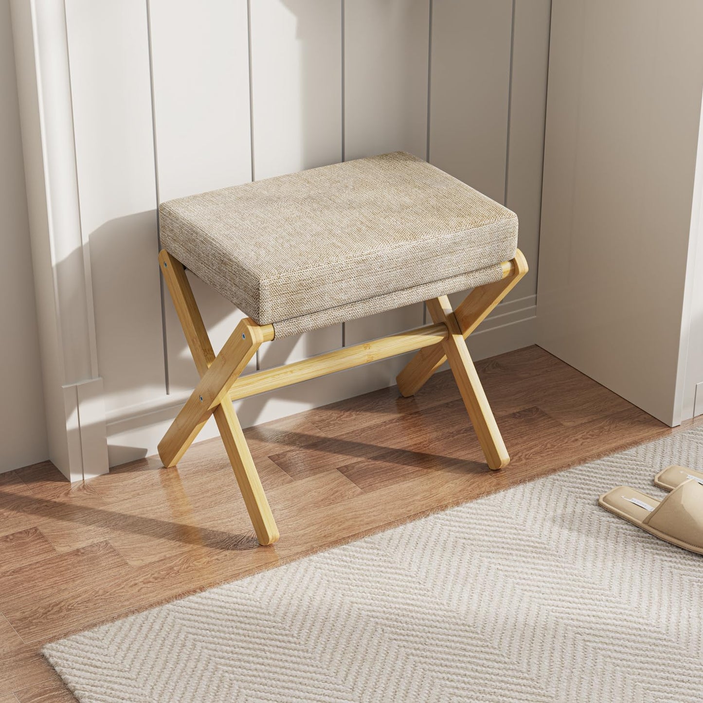 BAMBOOHOMIE Foldable Foot Stool Ottoman, Modern Foot Rest with Bamboo X Legs & Thick Foam Cushion, Folding Foot Stools Small Padded for Bedroom Living Room, Makeup Vanity Stool Chair (Natural - Brown)