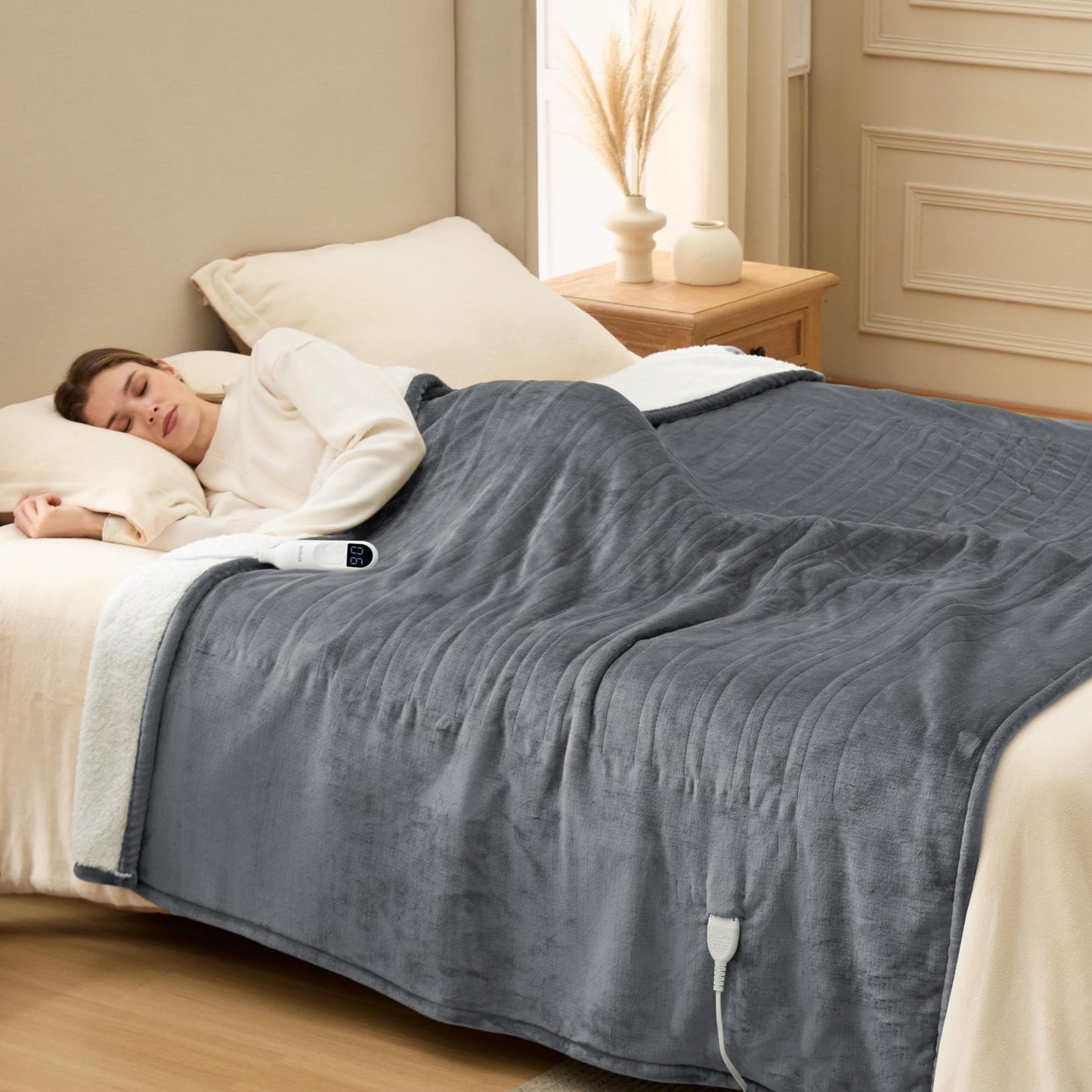 Bedsure Electric Blanket Full Size with Preheat Function - Soft Flannel Heated Blanket, Fast Heating with 6 Time Settings (up to 10H) & 6 Heat Settings, Grey, 72x84 Inches