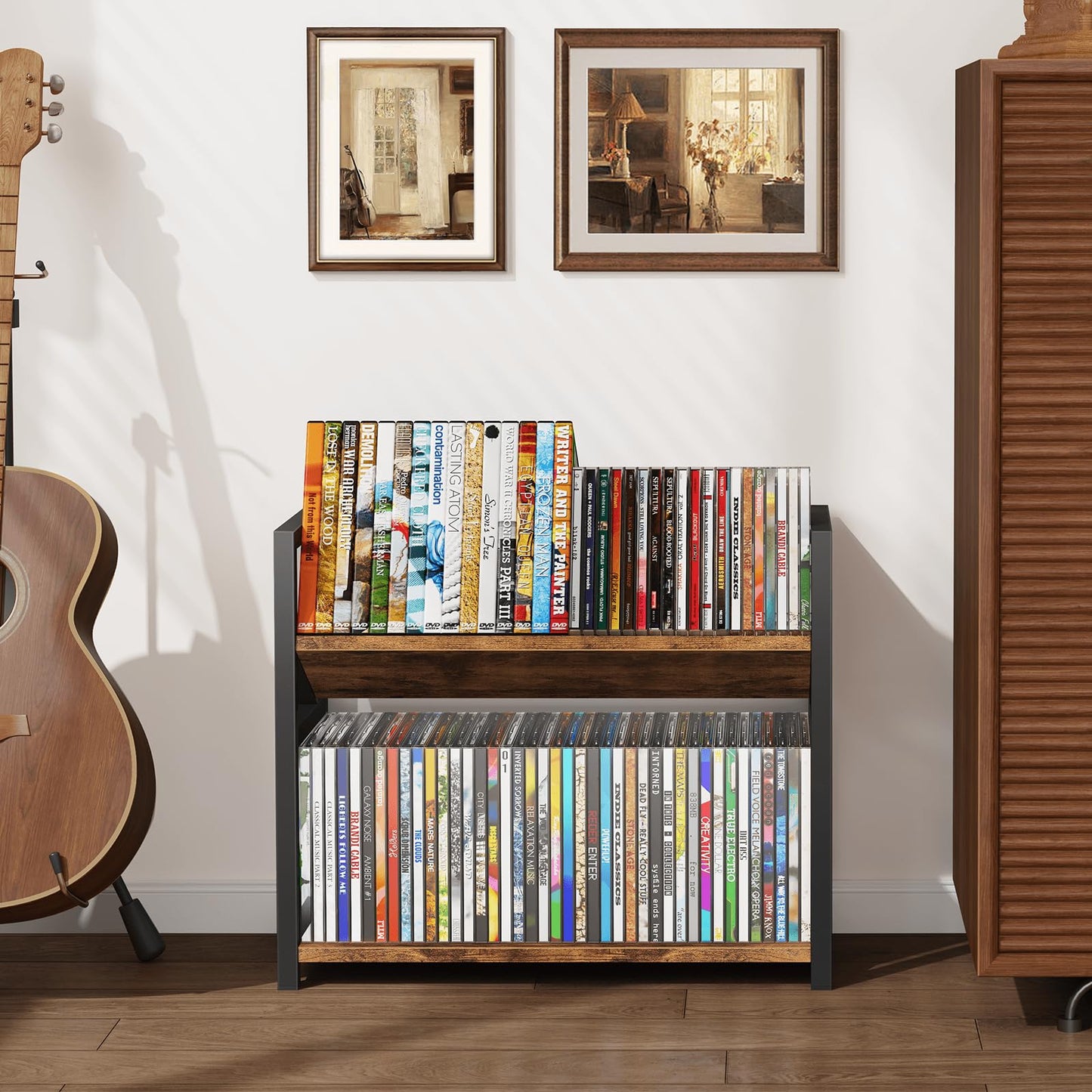 ELITEROO 2-Tier CD Holder, Wooden DVD Storage Rack for Display, Tilting CD Shelf Holds Up to Standard CDs 80 Cases or DVDs 56 cases, Retro Desk DVD Organizer Tower for Music Enthusiasts, Rustic Brown
