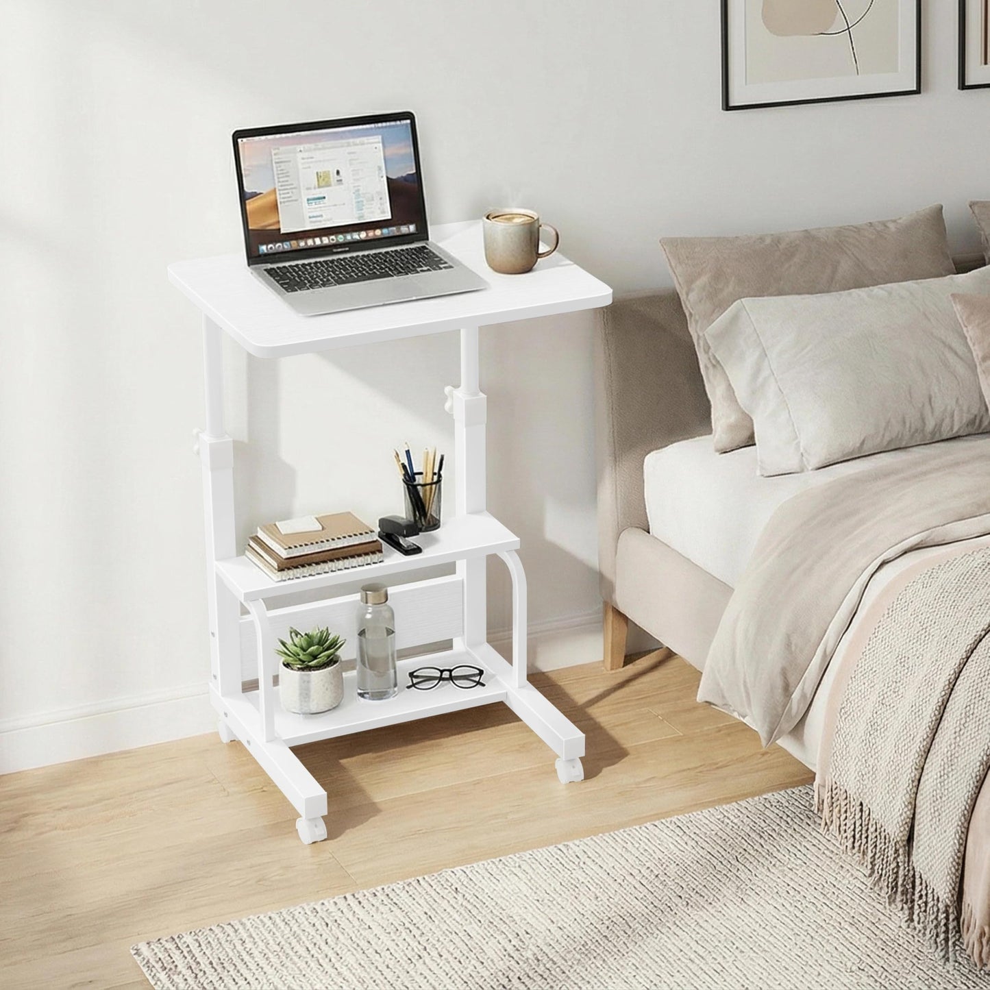 WINAZ Small Bedroom Laptop Rolling Desk - 24" White Mobile Kids Desk with Wheels for Small Spaces, Height Adjustable C Shaped Side Table with 2-Tier Storage Shelves