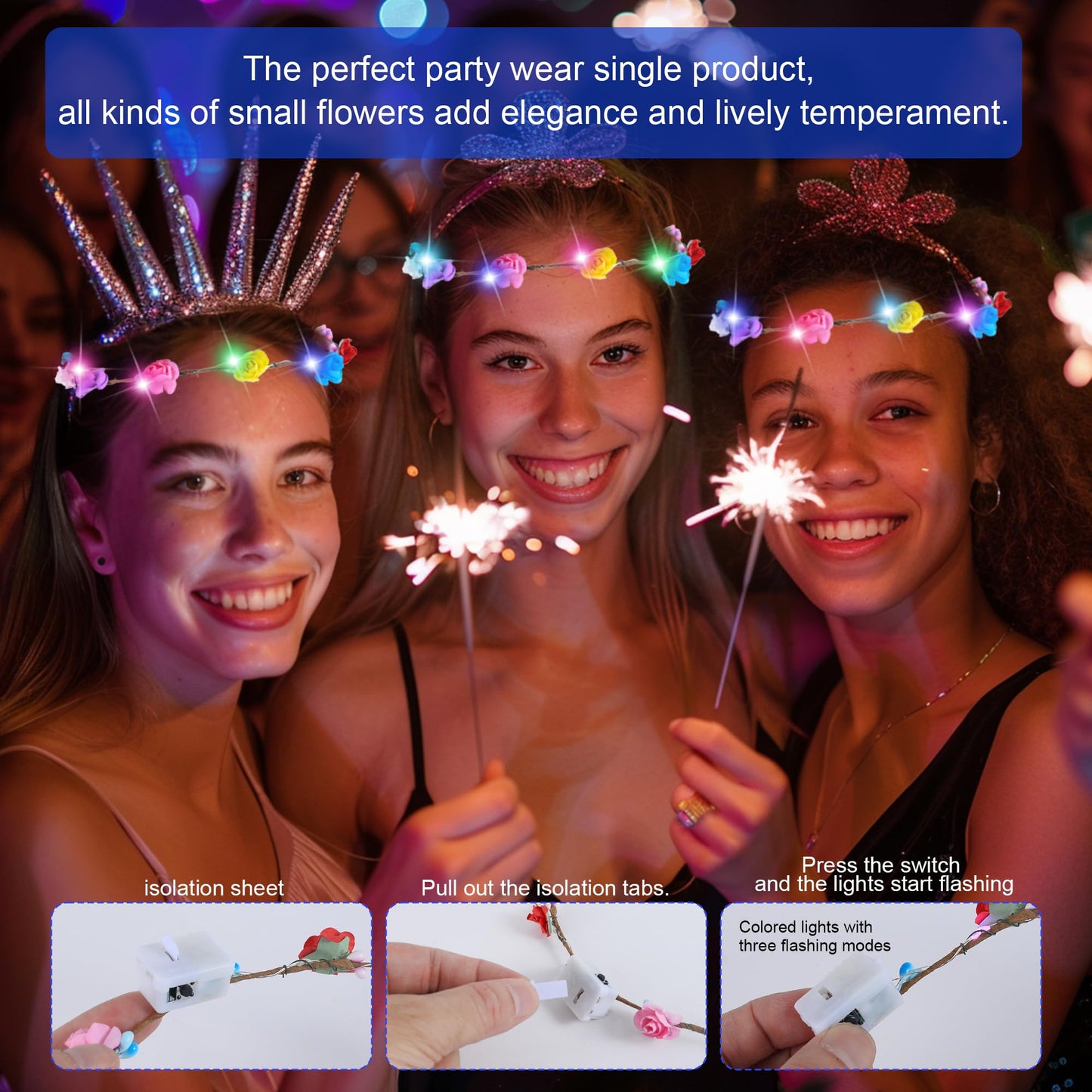 QSJQllo 50 Pcs LED Flower Crowns Headbands,Light up Headbands For Women,Glow in The dark headband wreath,Suitable for birthdays, weddings, Halloween, Christmas, Role-Playing,Beach Parties