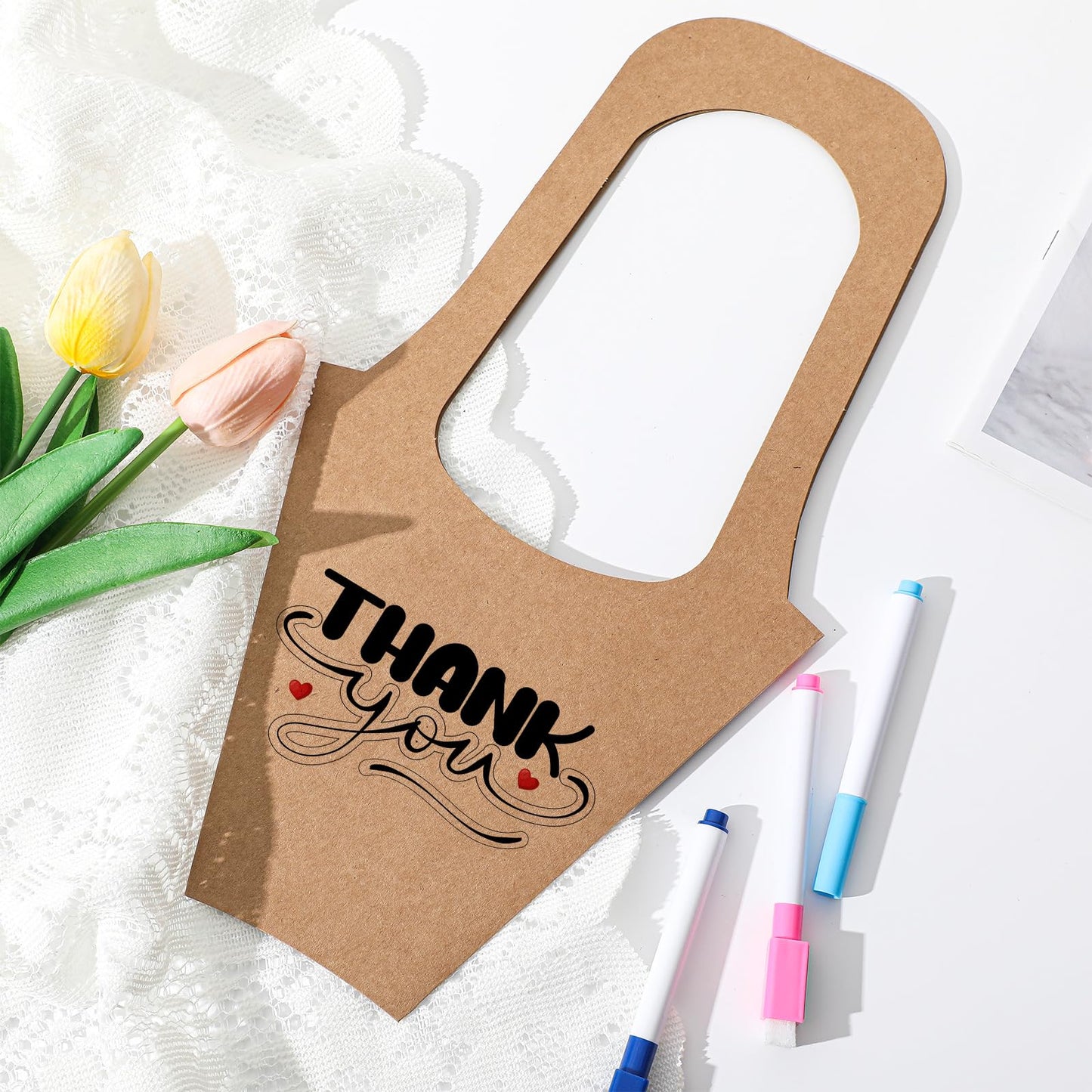 Gilprop 100 Packs Kraft Paper Flowers Gift Bags with Handle, 13.8'' Flowers Bouquet Holder for Wedding, Valentines Day Decoration, Florist Shop