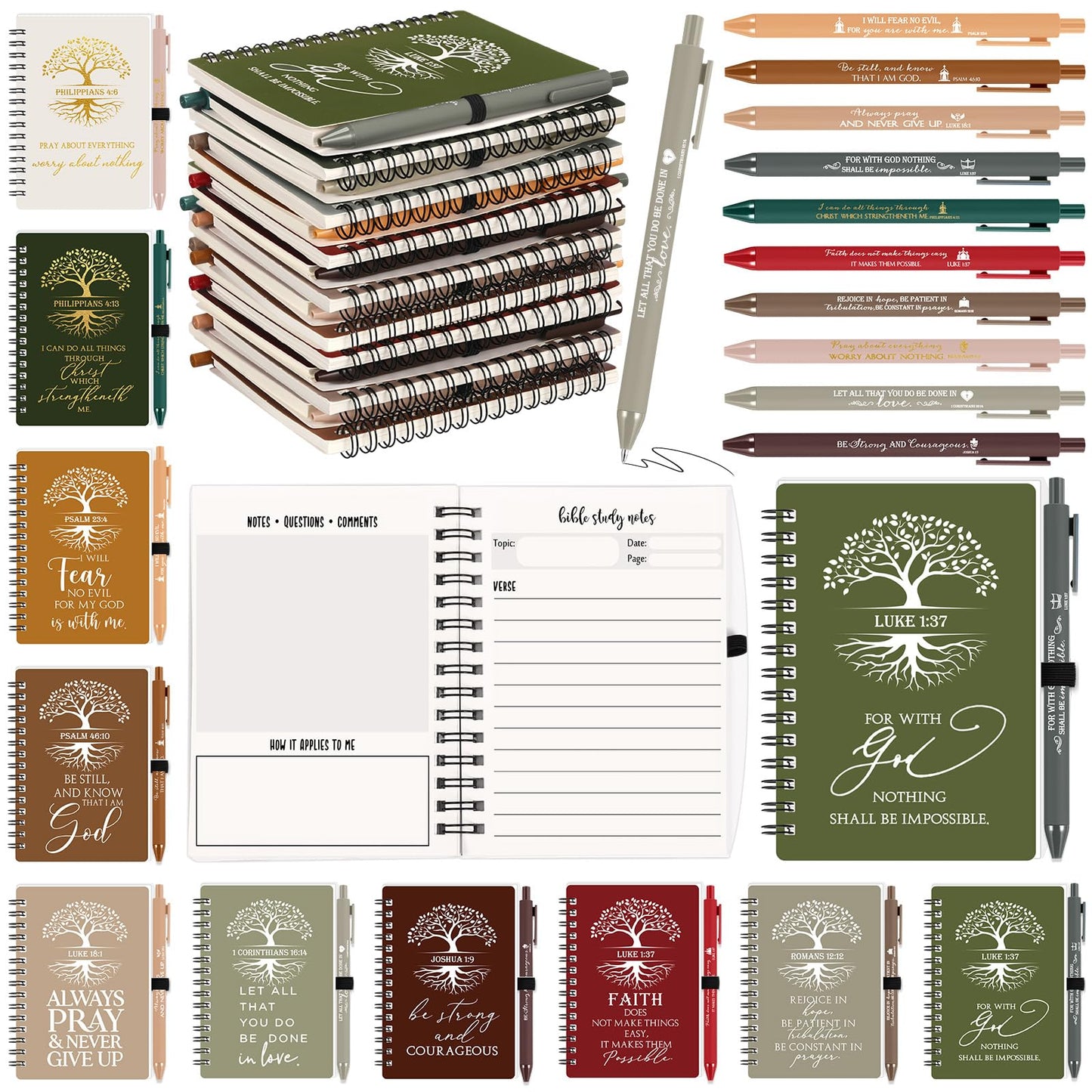 Kosiz 80 Pcs Fathers Day Christian Gifts Bulk Prayer Journal Bible Verse Religious Spiral Notebook with Pen Tree of Life Scripture Notepad Church Gifts for Women Men Bible Study Group (Vivid Color)