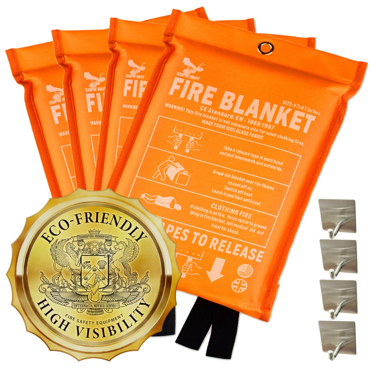 Supa Ant Emergency Fire Blanket for Home and Kitchen - 4 Pack 1500F High Visibility (Glow in The Dark) Smother Kitchen Fire Blanket - CE Certified Hero Fire Blankets Emergency for Home (47in)
