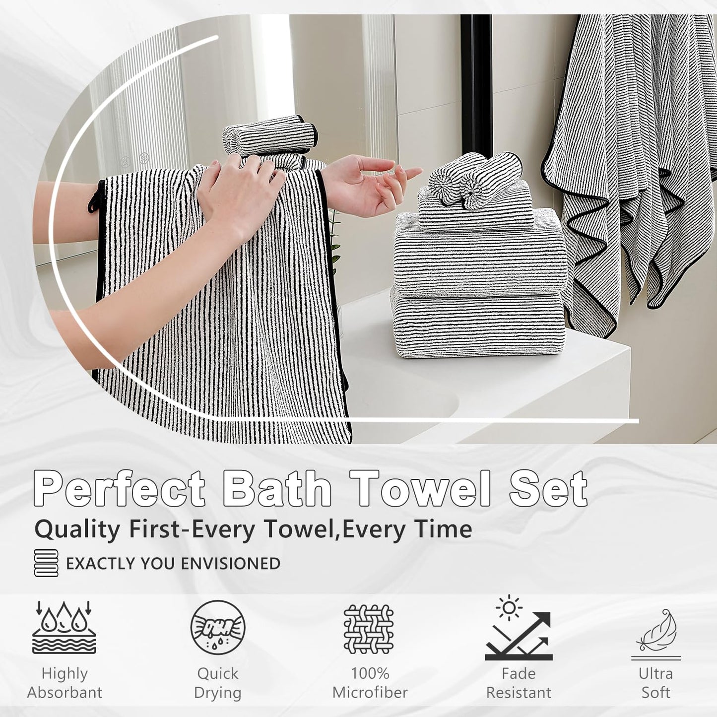 4 Piece Bath Towel Set 35"x70"Oversized Bath Towel for Bathroom Ultra Soft Fluffy Extra Large Bath Sheet Luxury Premium Bathroom Towel Highly Absorbent Quick Dry Shower Towel for Hotel Spa,Black White