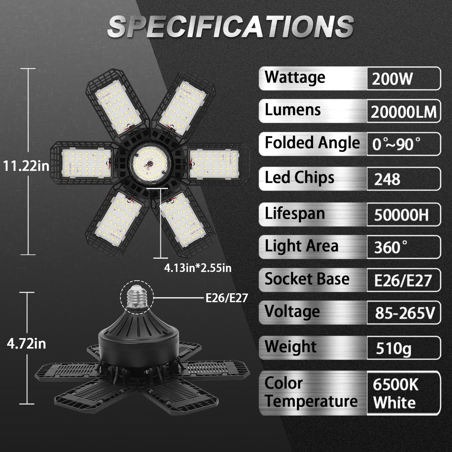 4 Pack LED Garage Light, 200W 20000LM 6500K LED Shop Lights, Garage Lights Ceiling Led with 6+1 Deformable Panels, Screw in E26/E27 Socket Bulb for Warehouse, Workshop, Basement, Barn Lighting