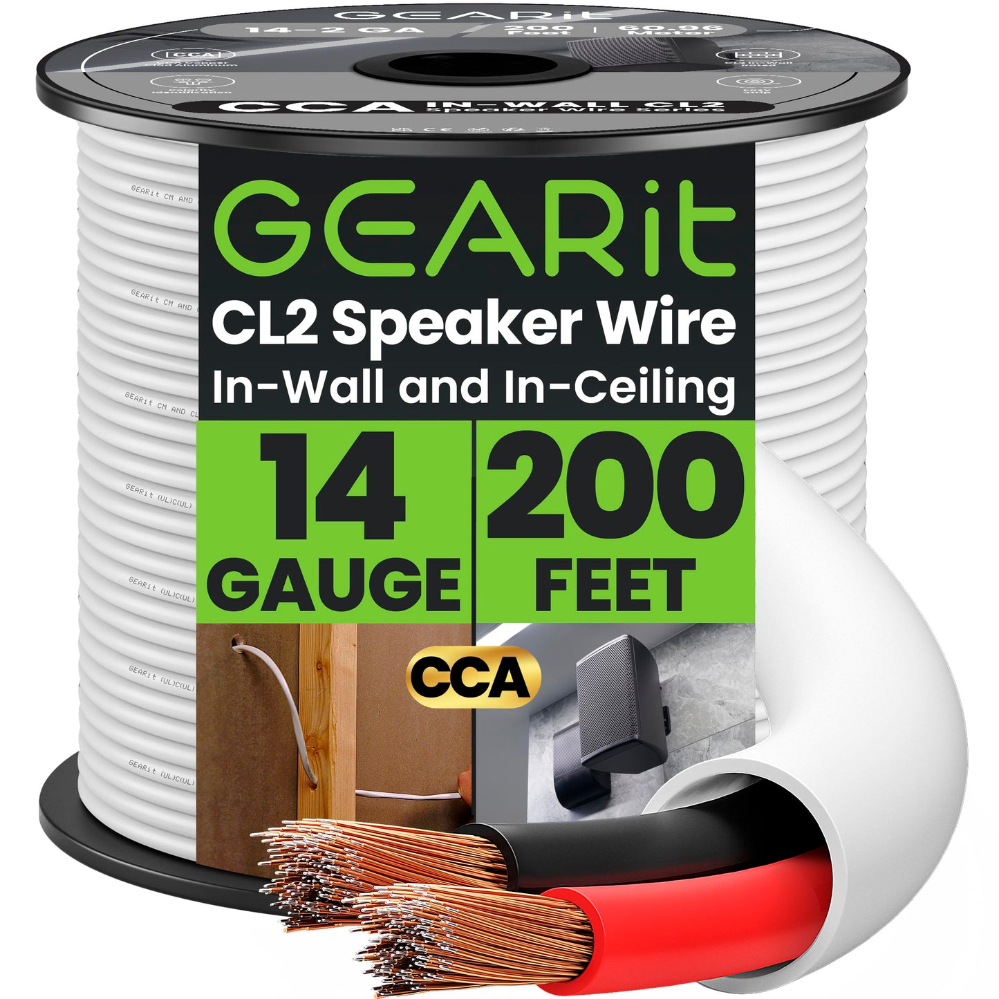 GEARit 14 Gauge Speaker Wire, CL2 Rated in Wall Speaker Wires, Speaker Cable 200ft for Car Audio, Home Theater, CCA(White)