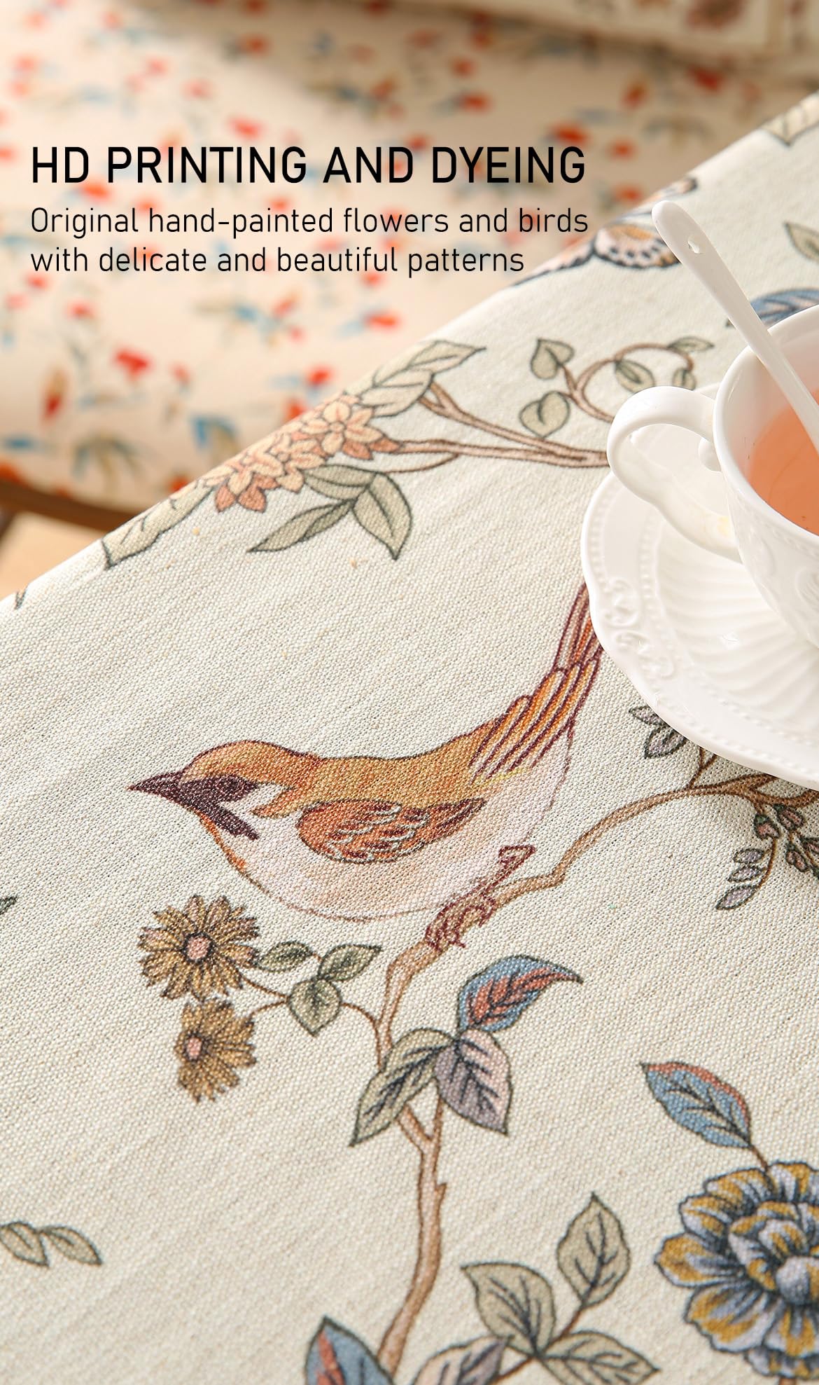 ISAENNE French Tablecloth for Rectangle Tables,Linen Table Cloth with Flowers and Birds Pattern,Heavy Durable Table Cover for Dining Thanksgiving Kitchen Decor Party Banquet Christmas,63"*110"
