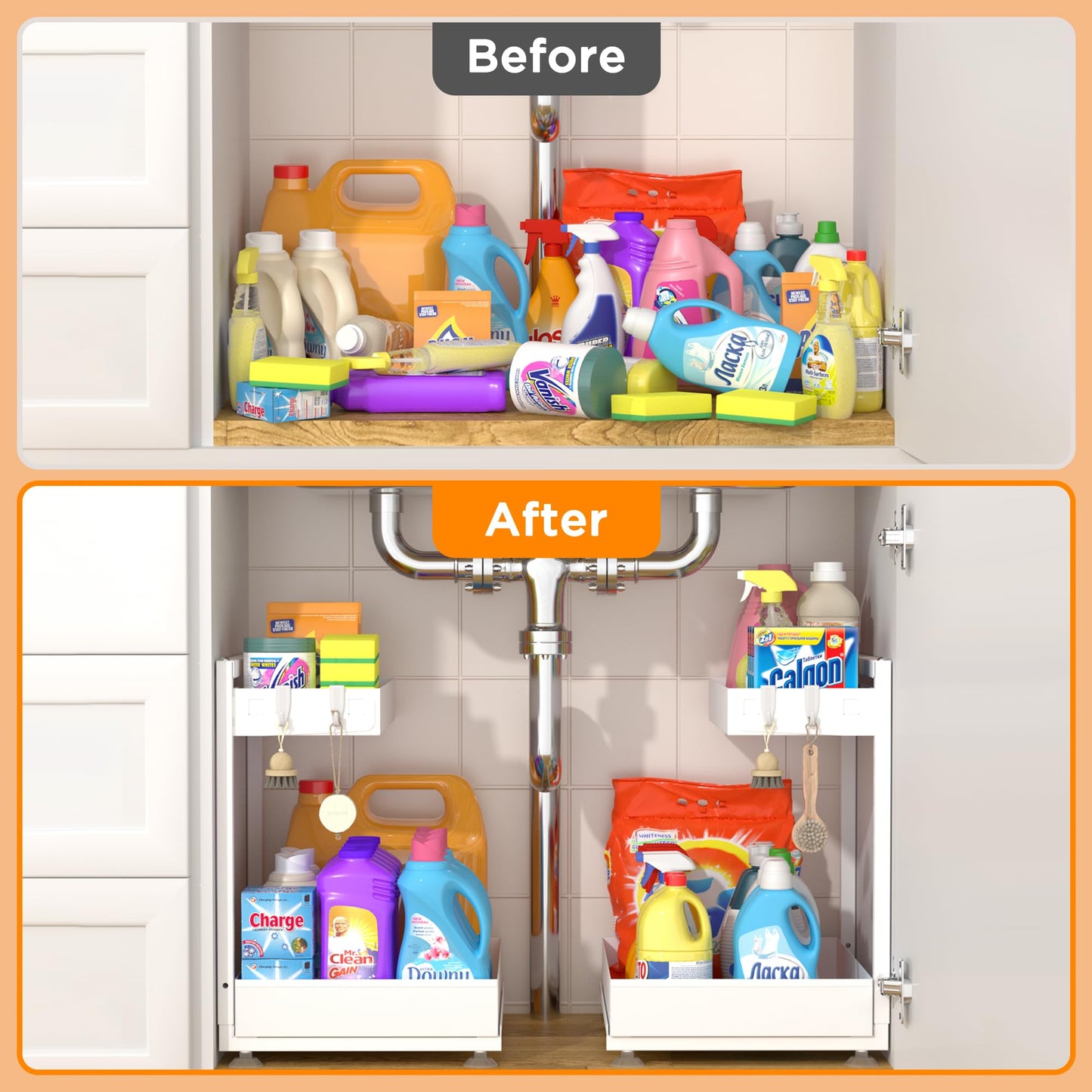 TATAANTY Under Sink Organizer 2 Pack, 2 Tier Metal Under the Sink Storage, Heavy Duty Slide out Pull out Cabinet Organizer, Height Adjustable for Kitchen Bathroom Pantry Closet Organization Rack