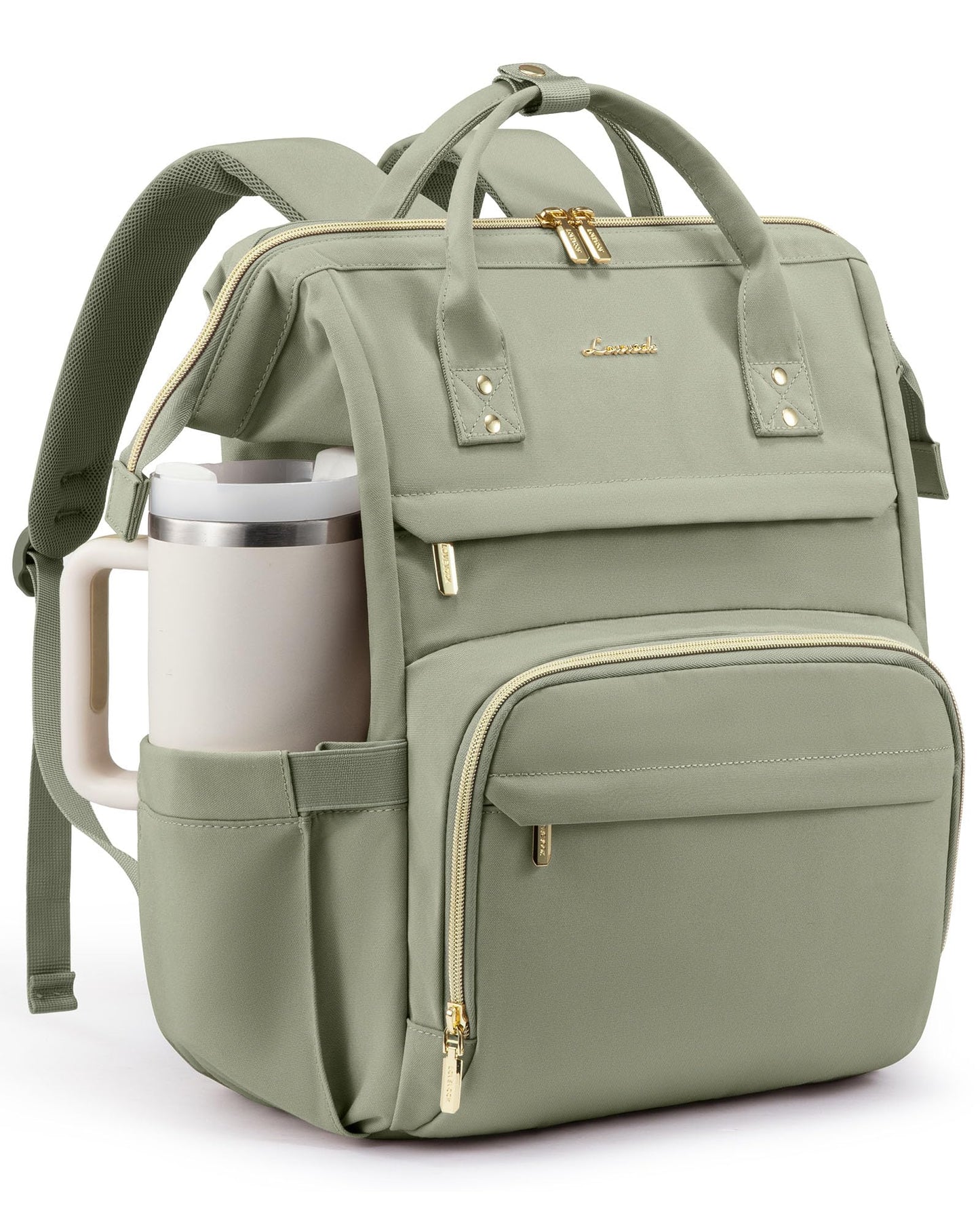 LOVEVOOK Laptop Backpack for Women with Giant Tumbler Holder Pocket,15.6inch Waterproof Travel Backpack Purse Computer Laptop Bag,Professional Work College Nurse Teacher Backpack Travel Bag,Bean Green