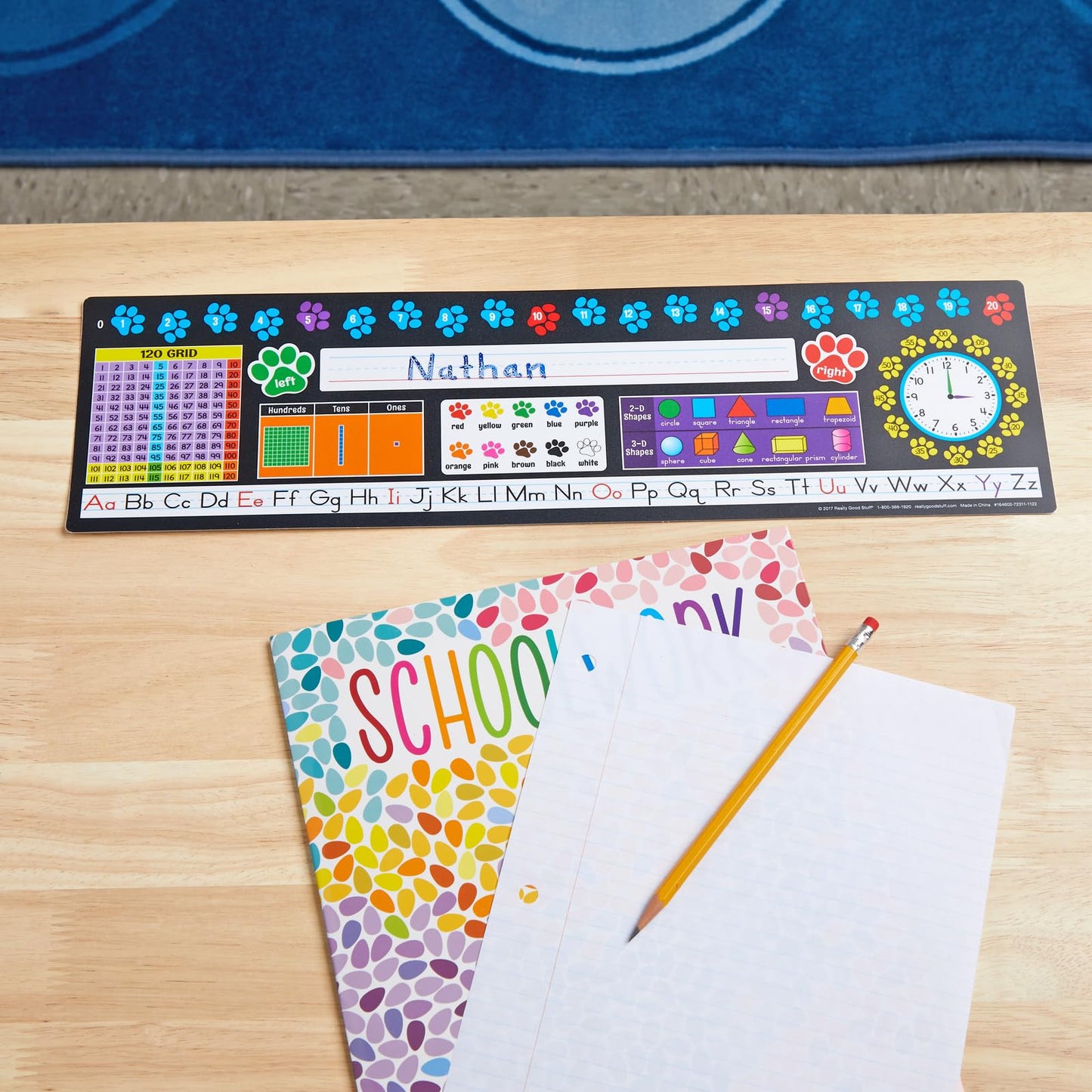 Really Good Stuff 24PK Paw Prints Self-Adhesive Deluxe Plastic Desktop Reference Nameplate with Letters, Numbers, Colors, 2-D and 3-D Shapes, 120 Grid, Left and Right, Base 10 and Time