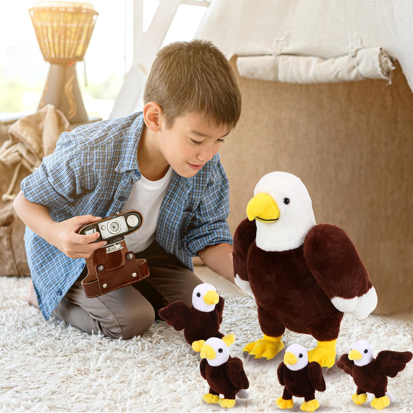 Lenwen 5 Pcs Bald Eagle Stuffed Animal Bulk 1 Mommy Eagle Plush with 4 Cute Babies Bald Eagles Plush Wild Bald Eagles Stuffed Animal Toy for Boys Girls Birders Zoo Gifts(Eagle)