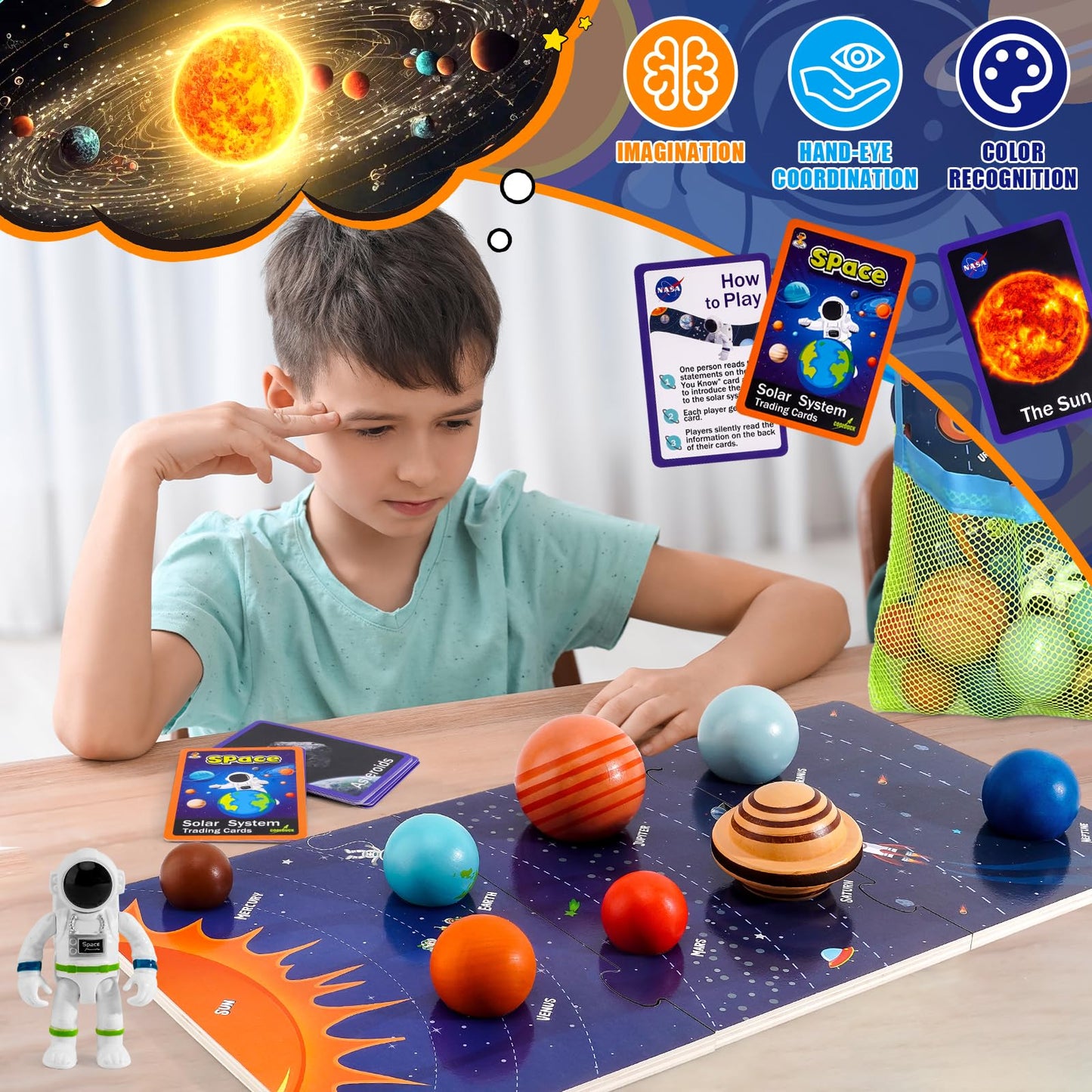 30 Pcs Wooden Solar System Model Board Toy Kit, Montessori Planet Balls Toys with Astronaut Figures, Preschool Learning Educational Puzzle, Space Knowledge Flash Cards Learning Toys for Kids