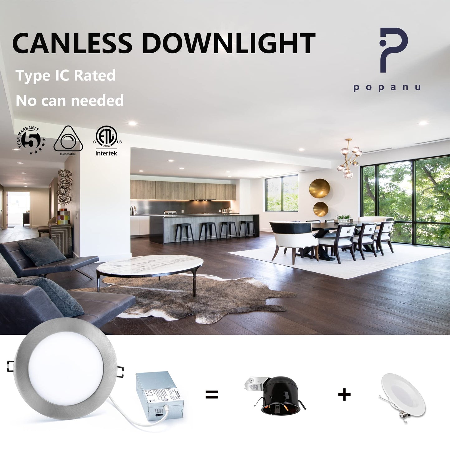 POPANU LED Canless Recessed Downlight Ultra-Thin 6 Inch 5 CCT Adjustable Ceilling Light with Junction Box, 12W Color Temperature Selectable Lighting Fixture, Dimmable, 6 Pack, Brushed Nickel