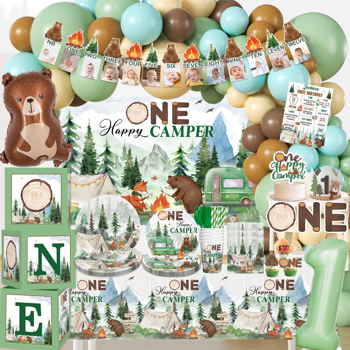 Cocomigo 248pcs Camper Birthday Decorations, All-in-One Camper Theme Party Pack with 20 Plates, Backdrop Tablecloth Balloon Arch for First Birthday Decorations for Boy, Serves 20 Guests