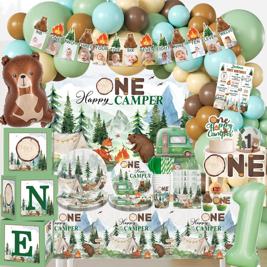 Cocomigo 248pcs Camper Birthday Decorations, All-in-One Camper Theme Party Pack with 20 Plates, Backdrop Tablecloth Balloon Arch for First Birthday Decorations for Boy, Serves 20 Guests