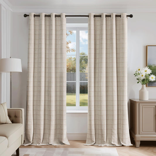 Beauoop Beige Plaid Jacquard Blackout Curtains 84 Inches Long 2 Panels for Bedroom Living Room Gingham Checkered Room Darkening Thermal Insulated Soundproof Grommet Window Drapes, 52x84 2 Set