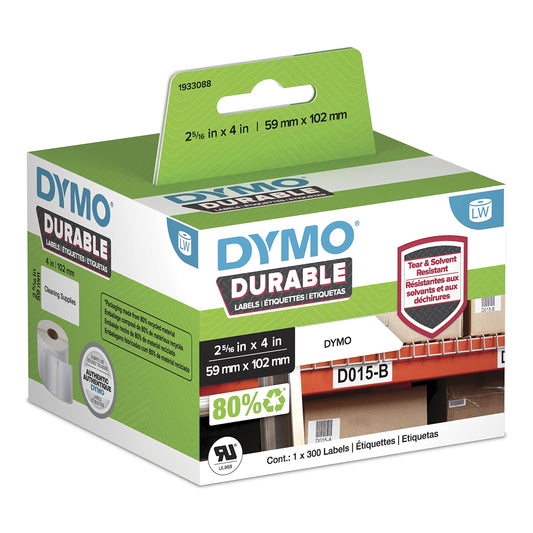 DYMO LW Durable Industrial Labels for LabelWriter Label Printers, White Poly, 2-5/16” x 4”, 1 Roll of 300