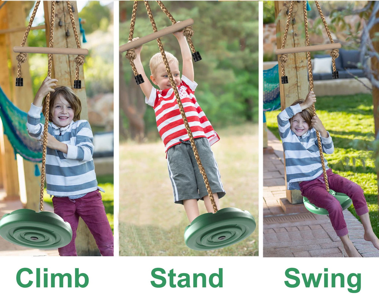 KINSPORY Swing for Kids, 78'' Adjustable Disc Tree Swing for Backyard, Monkey Bars Rope Swing with Hanging Strap, Carabiner for Zipline Outdoor Play Equipment Swing Set Accessories - Green