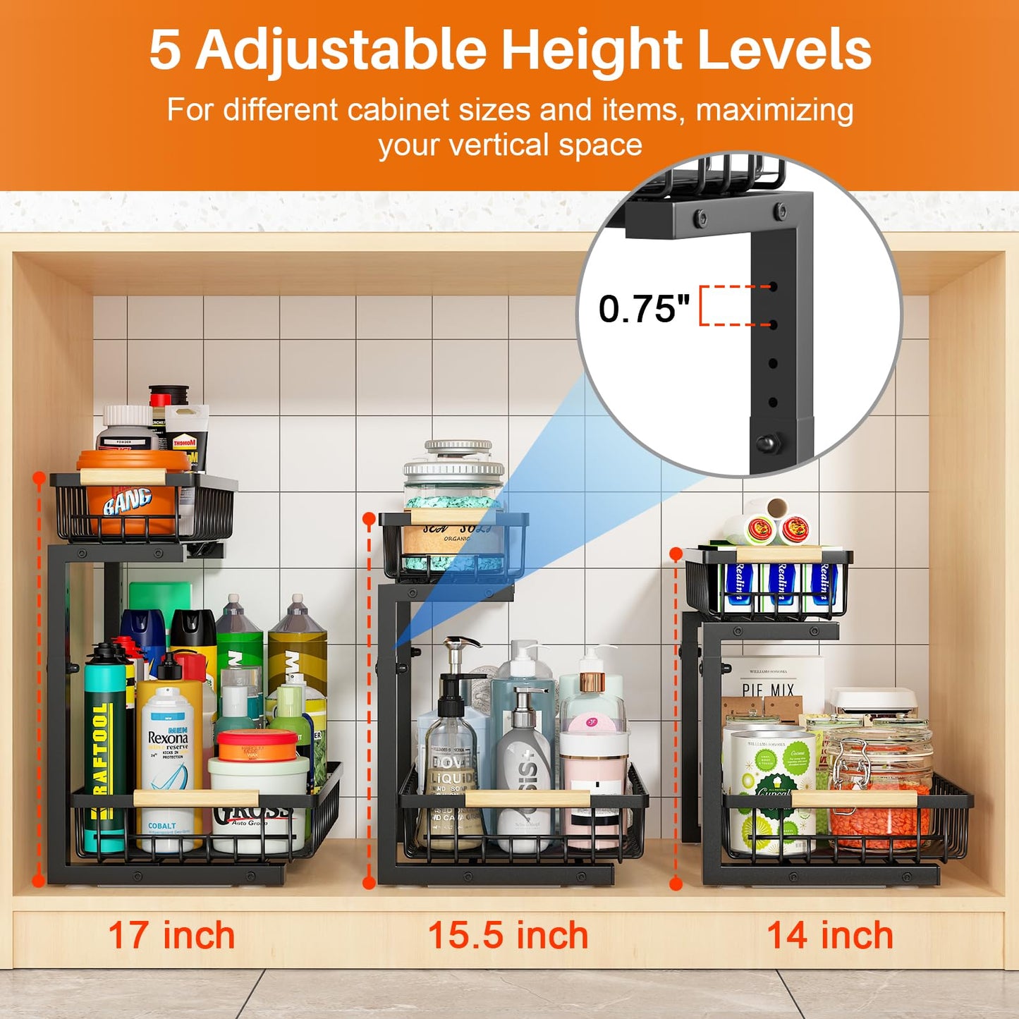 REALINN Under Sink Organizer, 2 Pack Height Adjustable Under Sink Organizers and Storage, 2 Tier Pull Out Drawer Cabinet Storage for Kitchen Bathroom