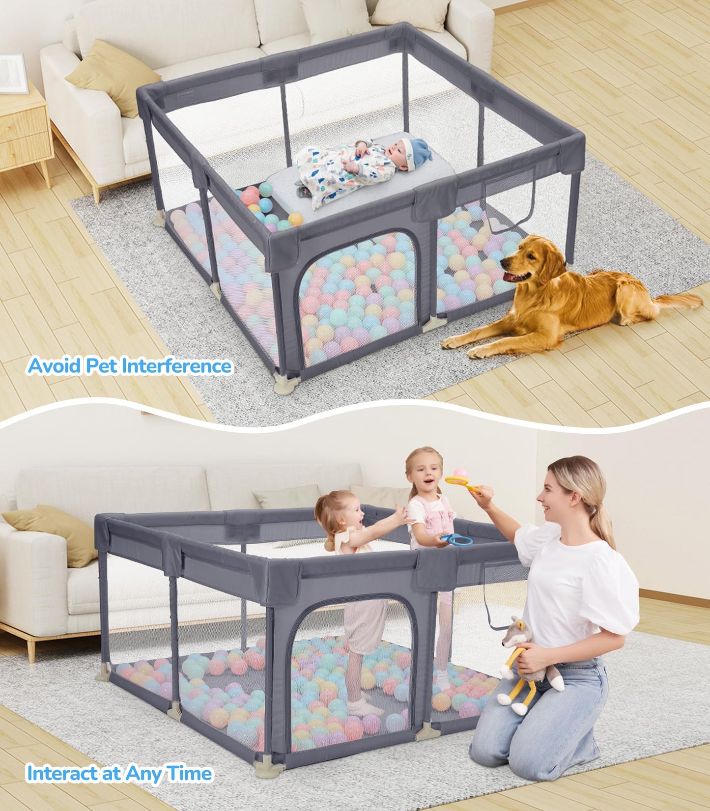 Dripex Baby Playpen, 47"x47" Play Pens for Babies and Toddlers, Safe Anti-Fall Play Yard with Gates, Baby Fence with Breathable Mesh, Indoor & Outdoor Kids Activity Center, Grey