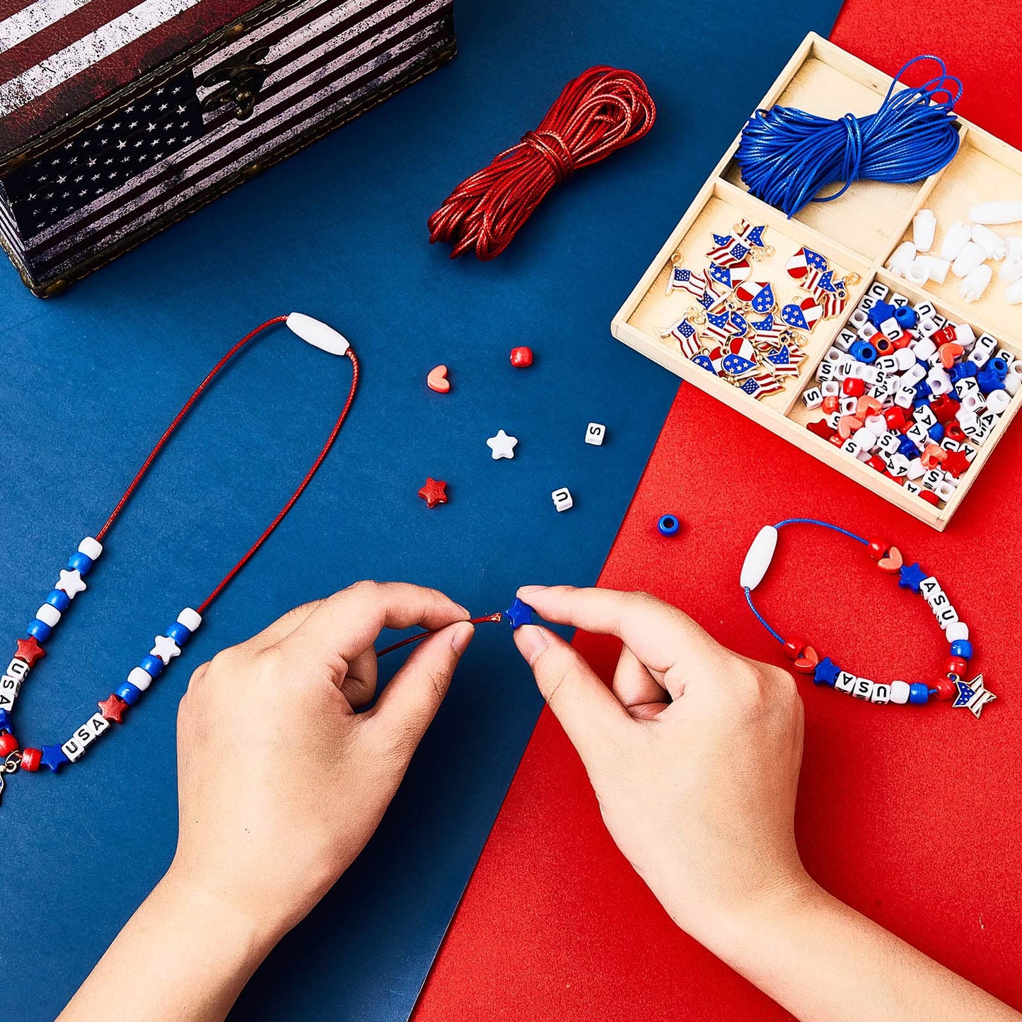 Deekin 4th of July Kids Patriotic Jewelry Craft Kits for Independence & Memorial Day, Veteran's Day - DIY Funny Home Activities (60 Set)