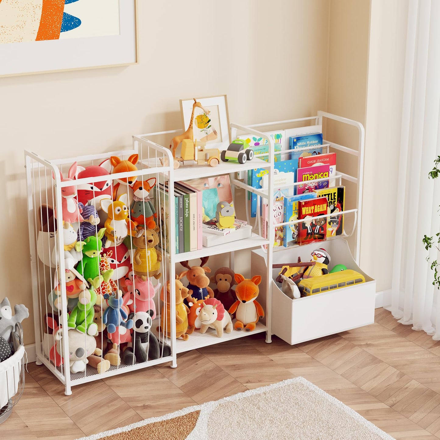 BBLIKE Kids Bookshelf and Toy Storage Organizer, 3-in-1 Toddler Montessori Bookcase with Stuffed Animal Storage & Movable Toy Chest, Large Plushies Holder for Nursery Playroom Bedroom, White