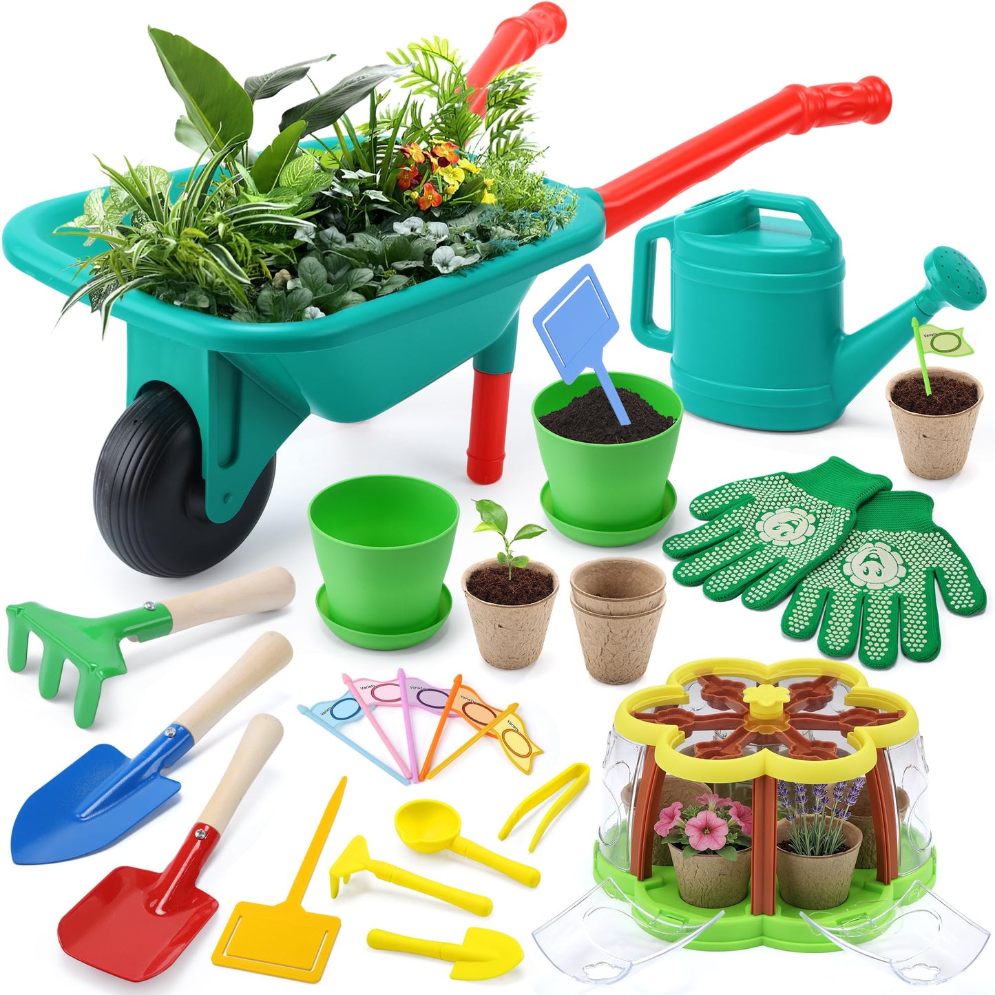 CUTE STONE Kids Gardening Tools Set with Wheelbarrow, 2 Shovel & Rake, Gloves, Watering can, Kids Plant Growing Kit - Complete Kids Greenhouse & Flower Growing Kit with Upgraded Irrigation