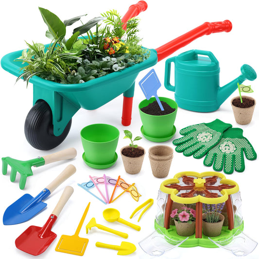 CUTE STONE Kids Gardening Tools Set with Wheelbarrow, 2 Shovel & Rake, Gloves, Watering can, Kids Plant Growing Kit - Complete Kids Greenhouse & Flower Growing Kit with Upgraded Irrigation
