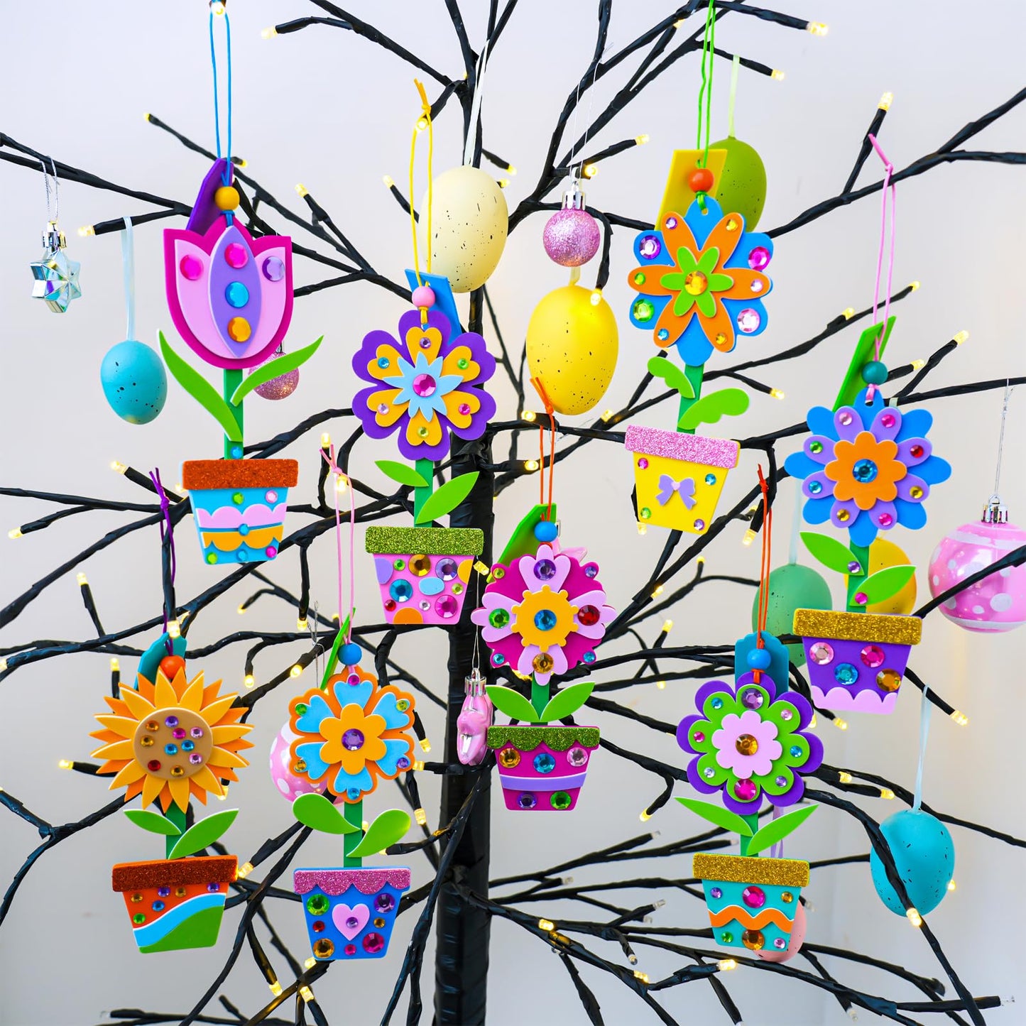 Winlyn 24 Sets Spring Potted Flower Craft Kits Kids Crafts DIY Potted Flower Ornaments Decorations Art Set Spring Flower Tulip Sunflower Stickers for Home Classroom Activities Party Favors