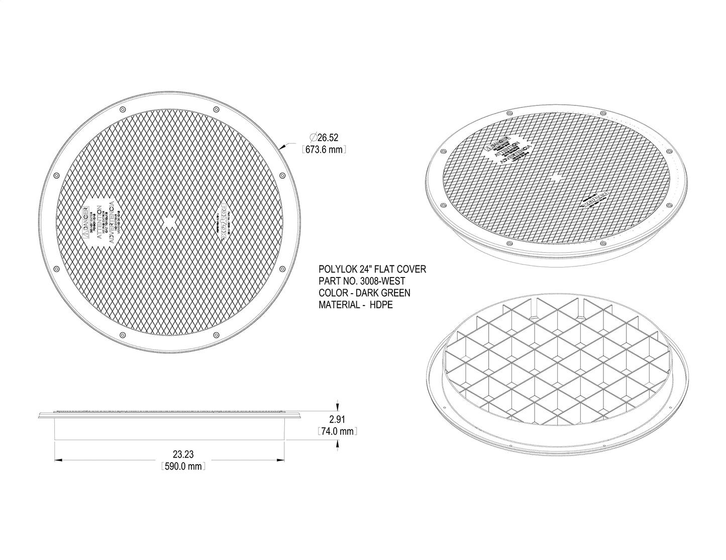 Polylok 24" Heavy Duty Flat Cover/Lid for Corrugated Pipe (PN: 3008-WEST)