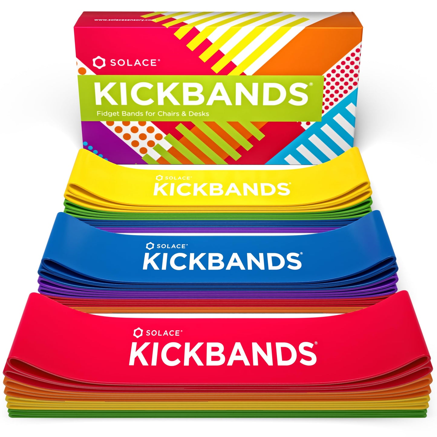 KICK BANDS Chair Bands for Kids with Fidgety Feet 24-Pack - ADHD Fidget Kickbands for Classroom Chairs & Desks - Solace Sensory Kickband (RAINBOW)
