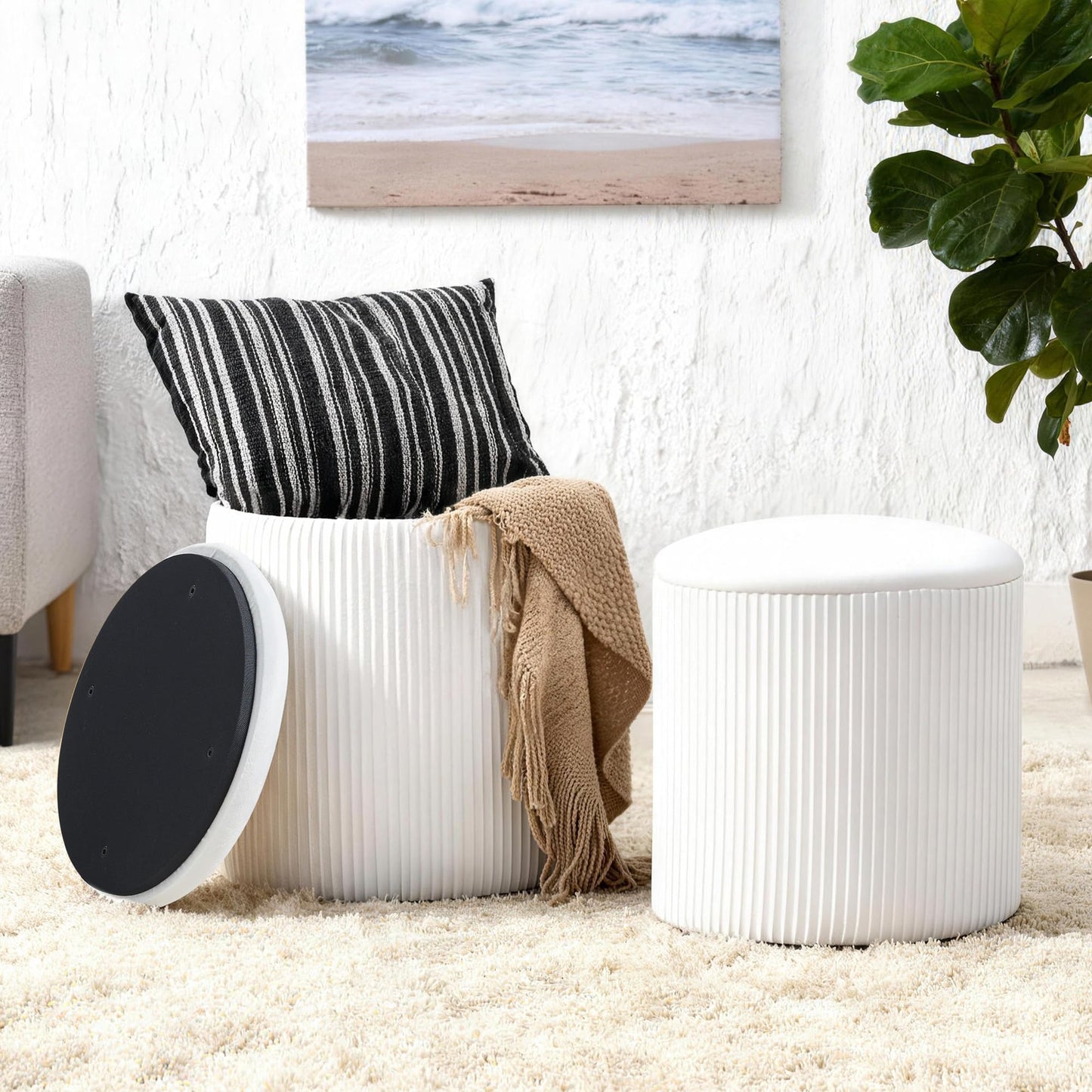 Canpsky White Vanity Stool Set of 2 - Round Storage Ottoman with Lid, Velvet Footrest Pouf for Makeup Room & Living Room, Multi-Use Small Chair with Hidden Storage（White）