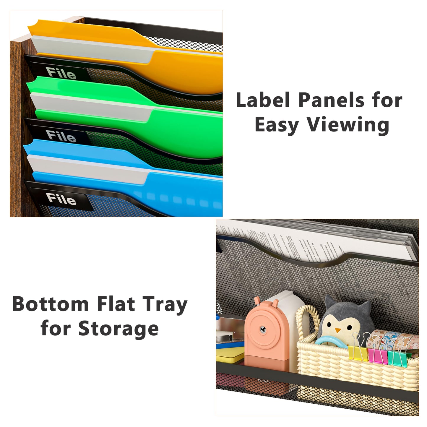 6-Tier Wall File Organizer with Bottom Tray, Ironwood Mail Organizer Wall Mounted with Metal Mesh, Document Organizer for Paper, Folder, Magazine, Office Desk Accessories for Home Cubicle Countertop