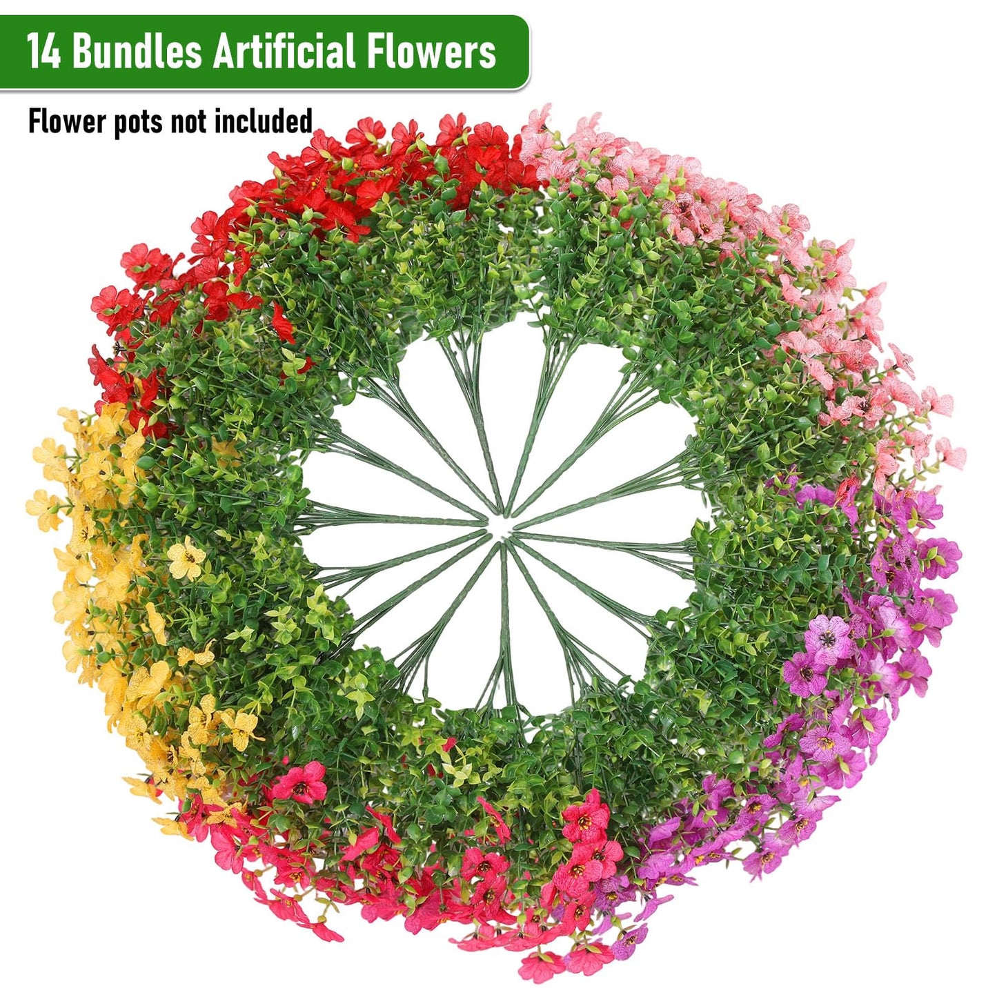 Powbrace Artificial Flowers Outdoor Fake Plants, Faux Silk Flowers Plastic Plants for Outdoors Indoor Outside Front Porch Hanging Planter Window Box Garden Home Spring Decoration, 14 Pack (Mix)