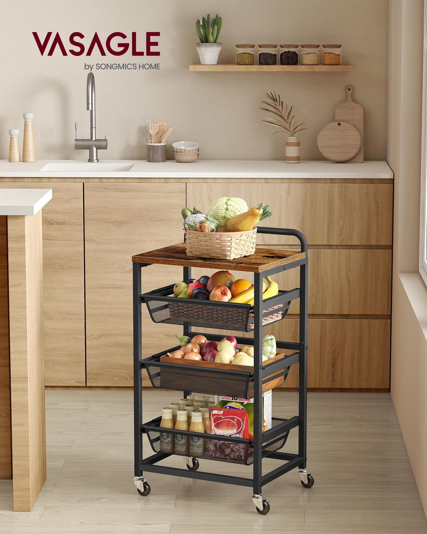VASAGLE Storage Rolling Cart with Pull-Out Baskets, 4-Tier Utility Cart Orgnizer with Wheels for Laundry Room, Kitchen, Handle, 12.5 x 15.8 x 29.9 Inches, Rustic Brown and Ink Black ULRC040K01