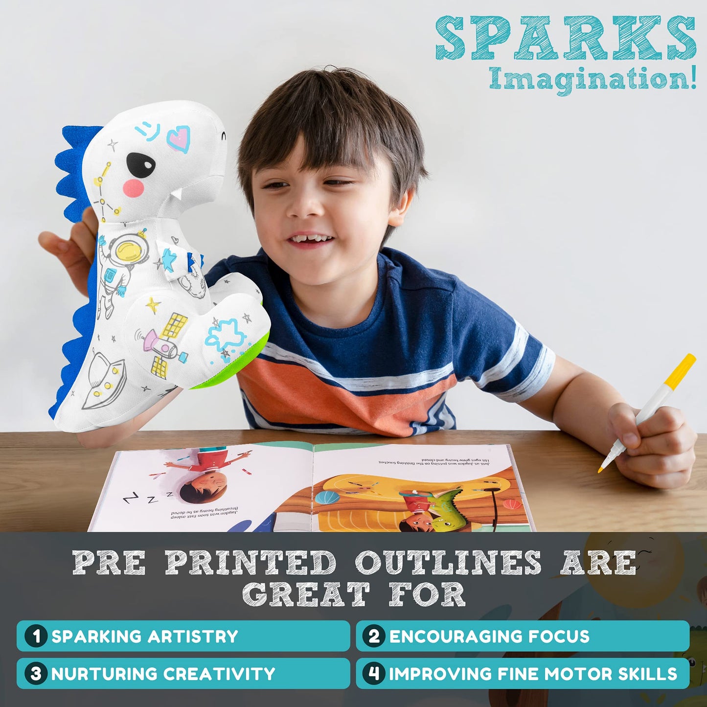 T-Rex Plush Dinosaur Coloring Book Gift Set, Arts and Crafts, Soft, Washable, Plush Stuffed Animal Toy, Painting Craft Kit, Dinosaur Toys,