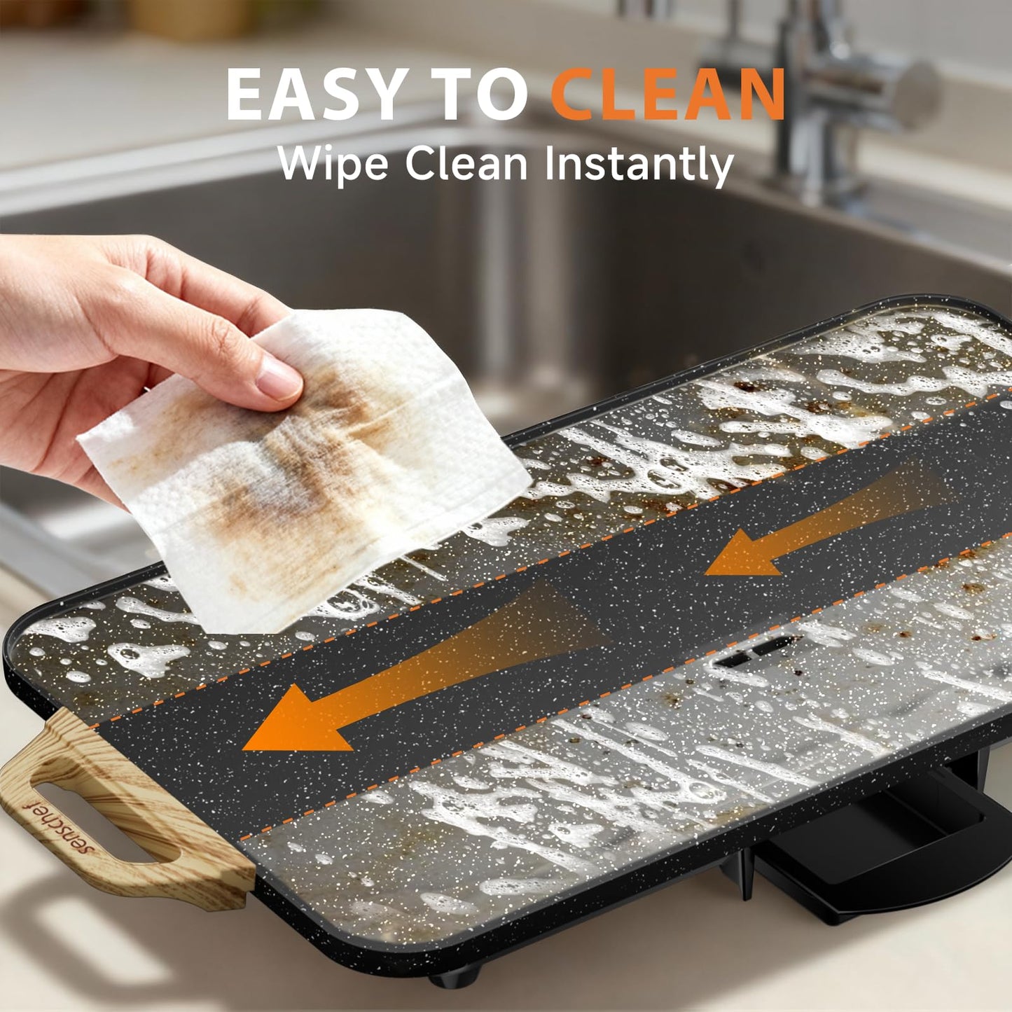 SENSCHEF CookSimple Everyday 20x12 Inch Electric Griddle with 1700W Fast Even Heating&ILAG Granite Nonstick Surface – Large Flat Griddle Perfect for Family Meals, Pancakes–Easy to Clean, Granite Black