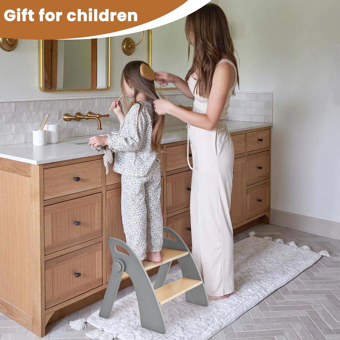 Reeple Wooden 2 Step Stool for Toddlers, Foldable 2-Step with Non-Slip Pads and Handles, Bamboo Step Stool for Kids Bathroom Sink and Potty Training, Kitchen Helper, Nursery Bedroom (Grizzly)