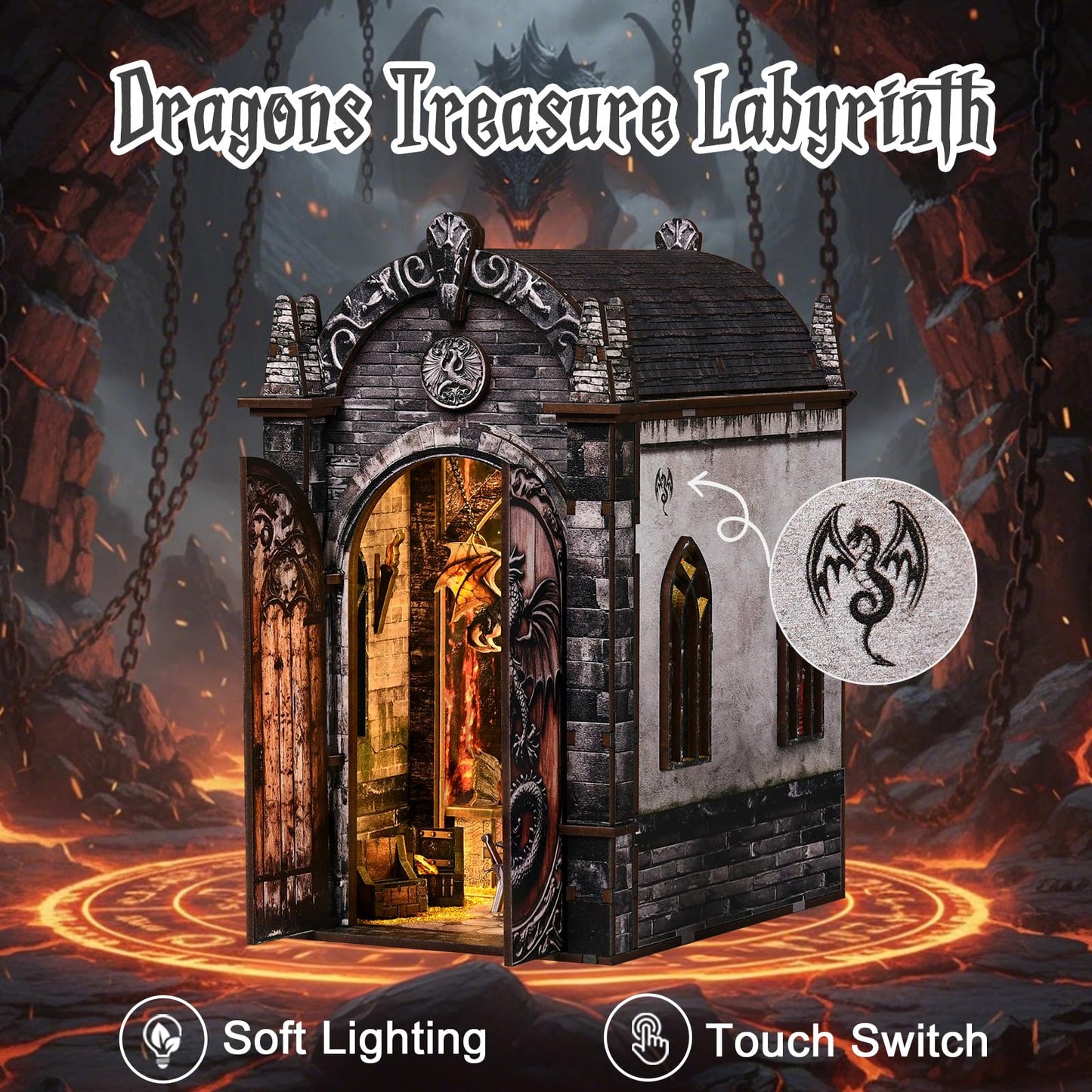 obzergem Book Nook Kit(Dragon Hidden Realm) DIY Miniature Kit Bookend, 3D Wooden Puzzle,with Dust Cover for Craft Enthusiasts