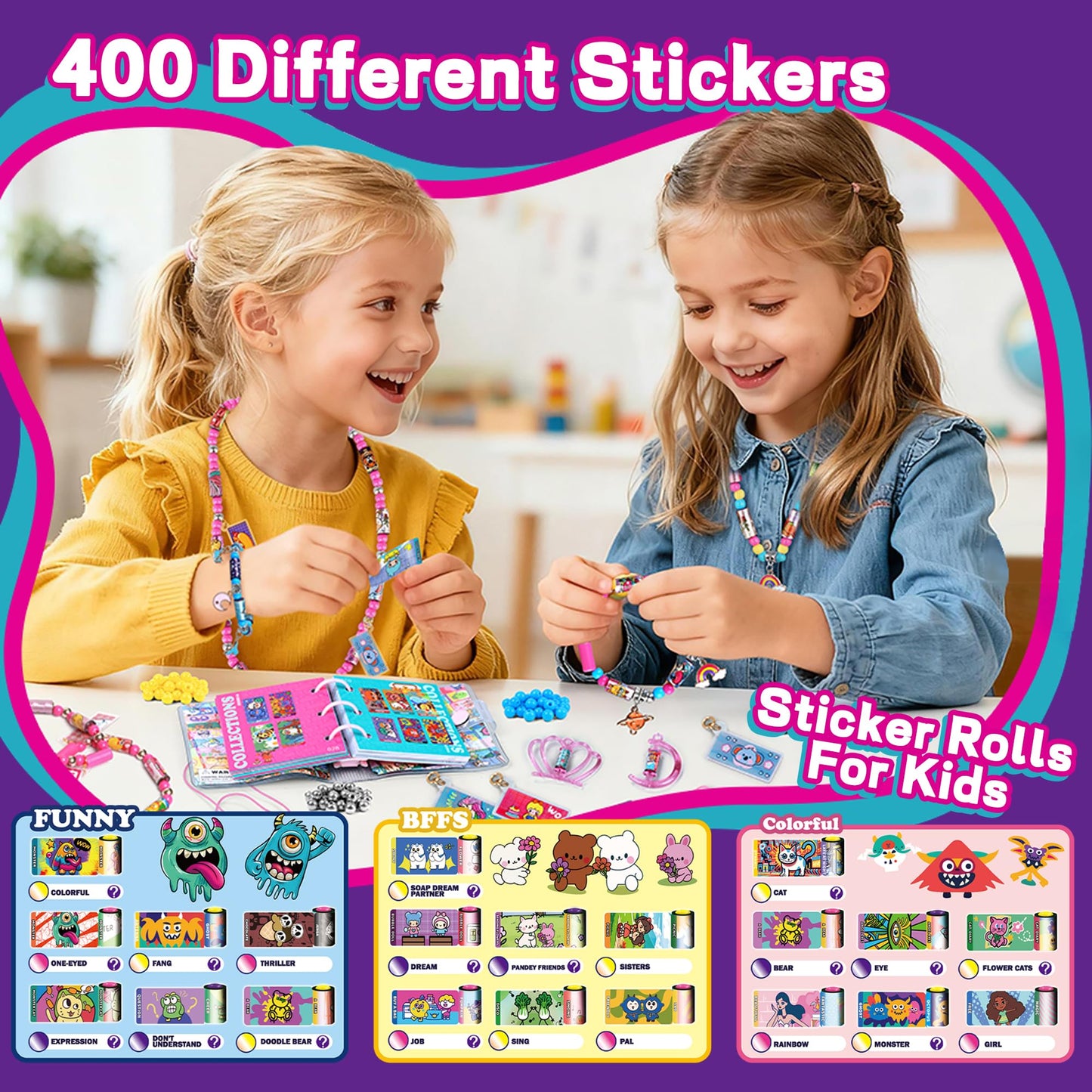 Creative Sticker Bracelet DIY Kit with 400 Mini Sticky Rolls – Wearable & Shareable STICKI Rolls 100-Page Sticker Book, Reusable Arts & Crafts for Kids Ages 5–12 (Girls & Boys