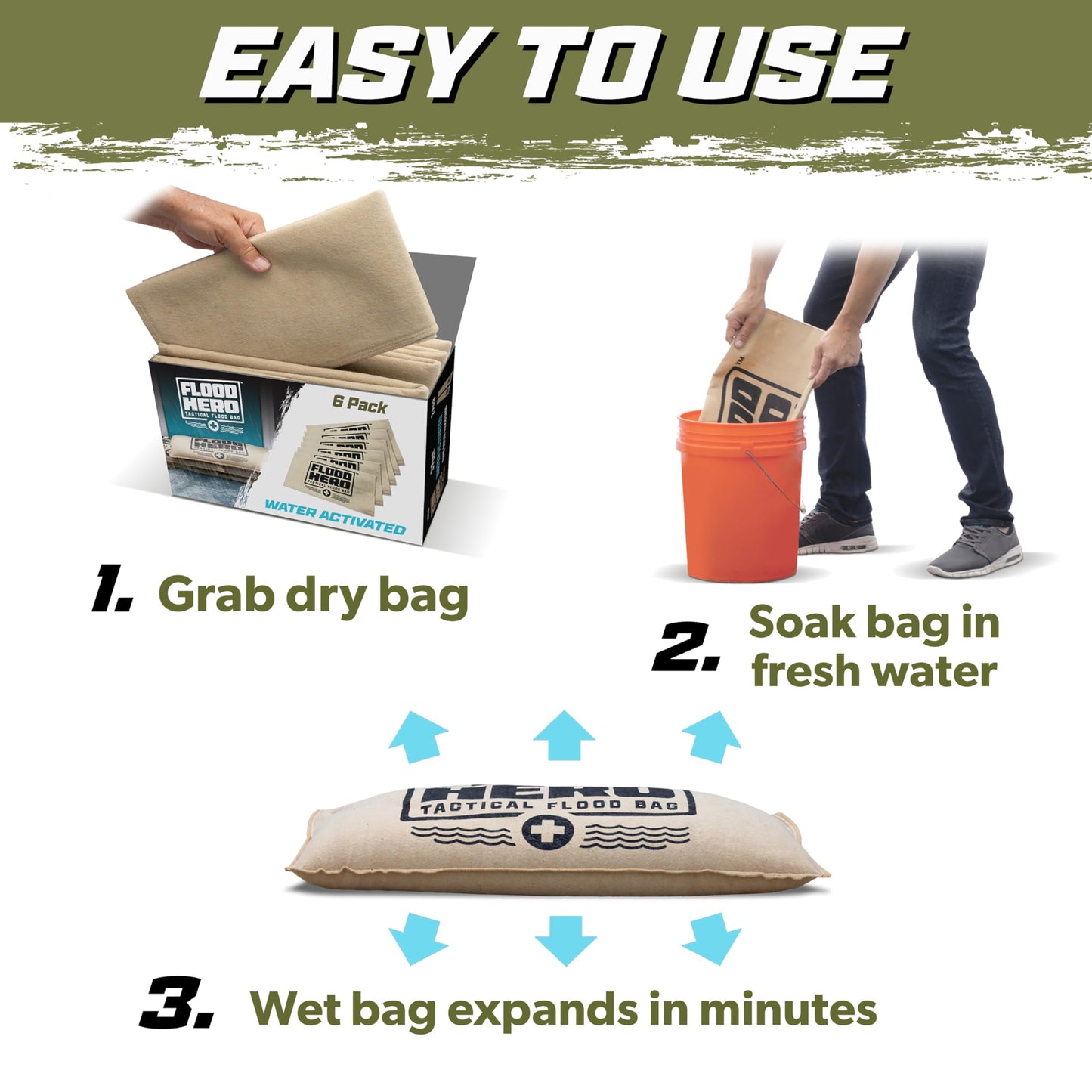 Flood Hero 2 x 1 ft Water Activated Sandbags - 6 Pack Flood Bag Barriers