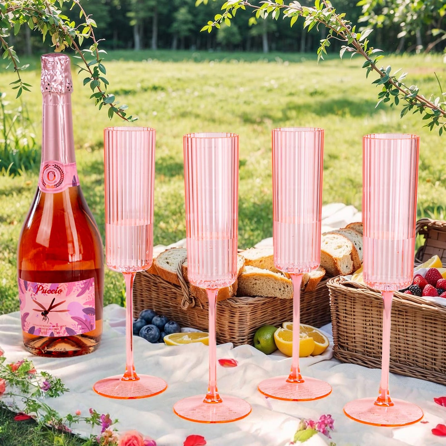 Joyido 36 Pack Pink Plastic Champagne Flutes - 6oz Ribbed Disposable Champagne Glasses - Clear Pink Vintage Mimosa Glasses with Long Stem Elegant & Lightweight for Wedding Party