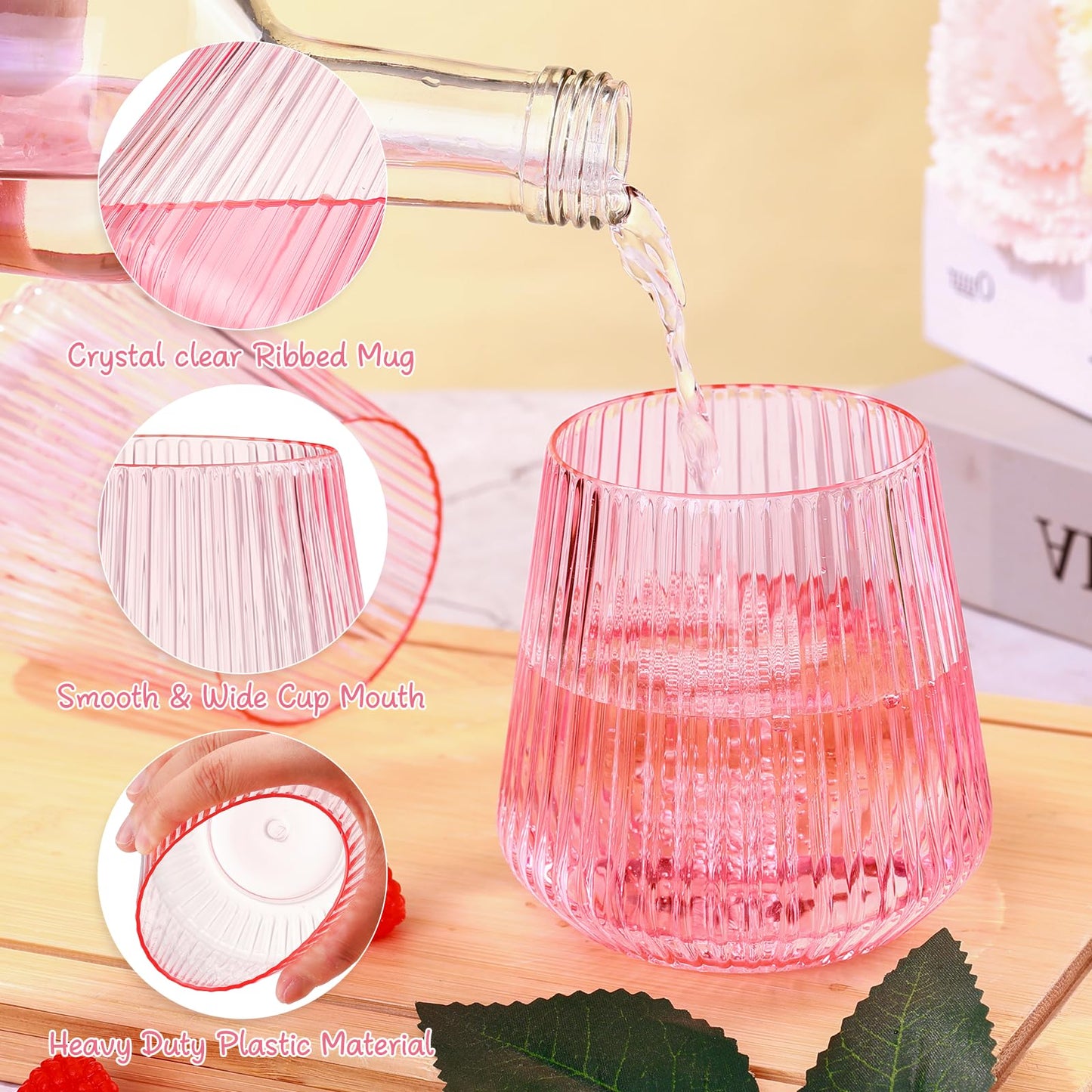 24 Pack Pink Plastic Wine Cups, 14oz Disposable Stemless Ribbed Wine Glasses, Cute Clear Unbreakable Outdoor Cocktail Glasses, Heavy Duty Plastic Drinking Cup for Galentine Wedding Party Mimosa Bar