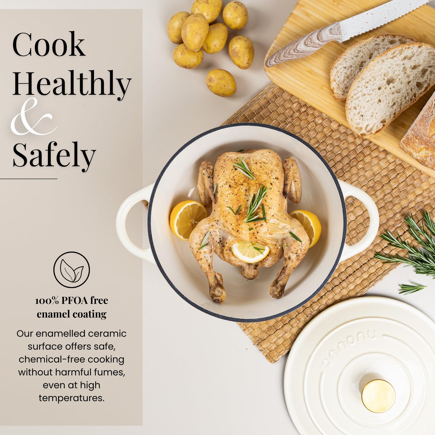 Nuovva Enamelled Cast Iron Dutch Oven Pot with Lid-6.4 Quart Non Stick Casserole Pot-Heavy Duty & Oven Safe up to 500° for Bread Baking, Braising, Stews, Roasting - 28cm Cream